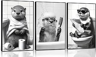 3Pcs Cute Otter Canvas Wall Art Black And White Animal Poster Print Funny otter bathing and reading newspaper Picture Painting Wall Decor for Bathroom Restroom Home Decoration Unframed