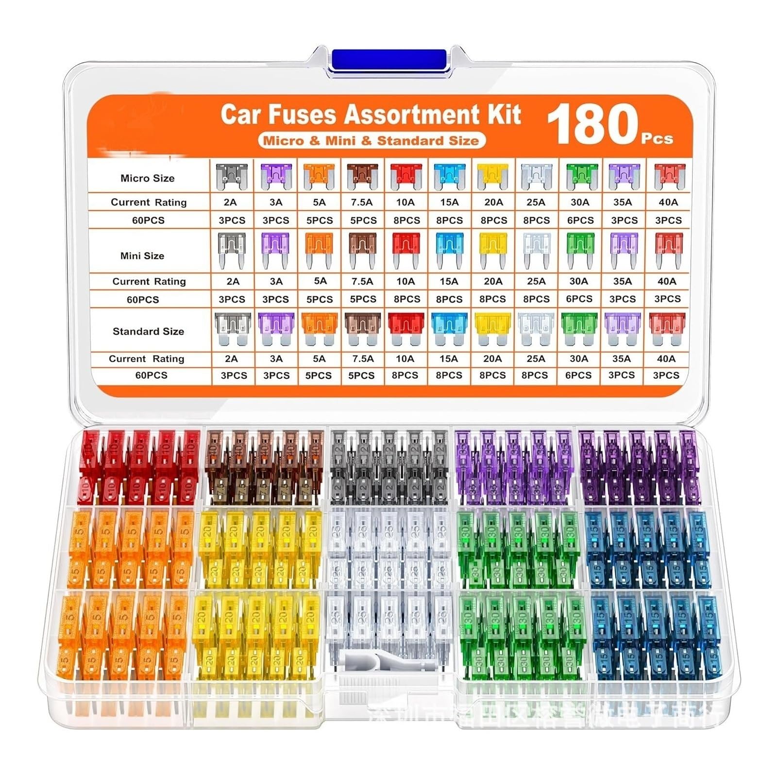 Kit surtido de fusibles de cuchilla for coche, 300/180/120 piezas, for camión, automóvil, fusibles medianos y pequeños, fusibles de circuito mixto for motocicleta con caja.(180pcs)