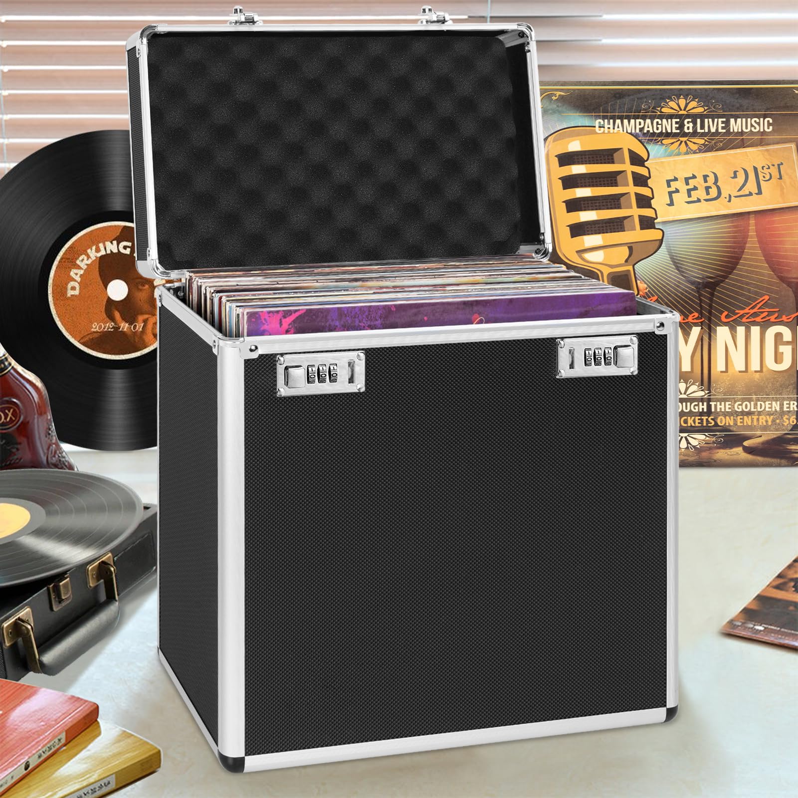 OUUTMEE Custodia per dischi in vinile, capacità di memoria: circa 50 dischi, colore nero, design in lega di alluminio, Nero , Valigetta per vinili