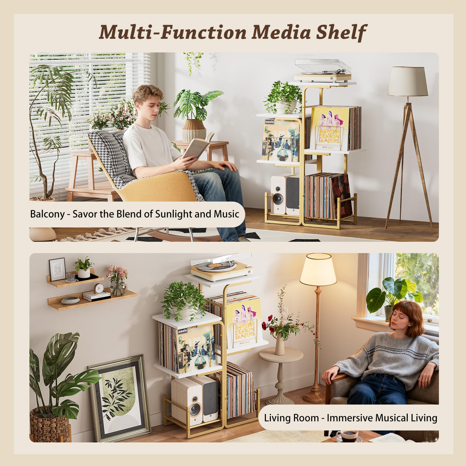 Bikoney Plattenspieler Ständer mit Vinyl-Stauraum & LP-Ablage - Gold | Vinyl-Display & Ständer mit Pflanzendesign für Wohnzimmer, Großer LP-Stauraum & Tisch Ideal für Kleine Räume