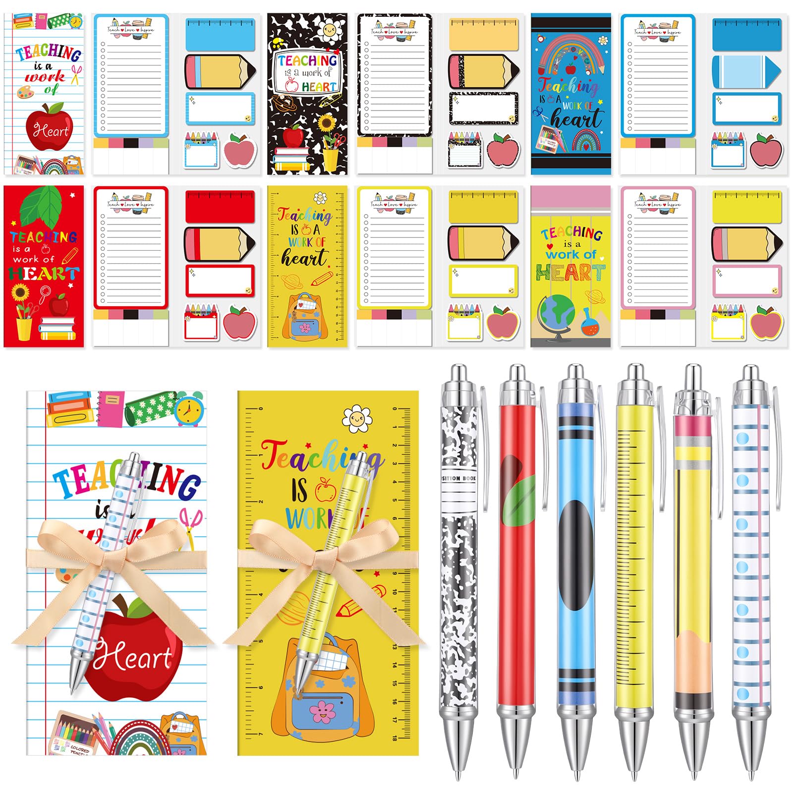 Epakh Set di 6 note adesive per insegnanti, per il rientro a scuola, con penna e fiocco, composizione a forma di mela, a forma di matita, note autoadesive per il primo giorno di scuola