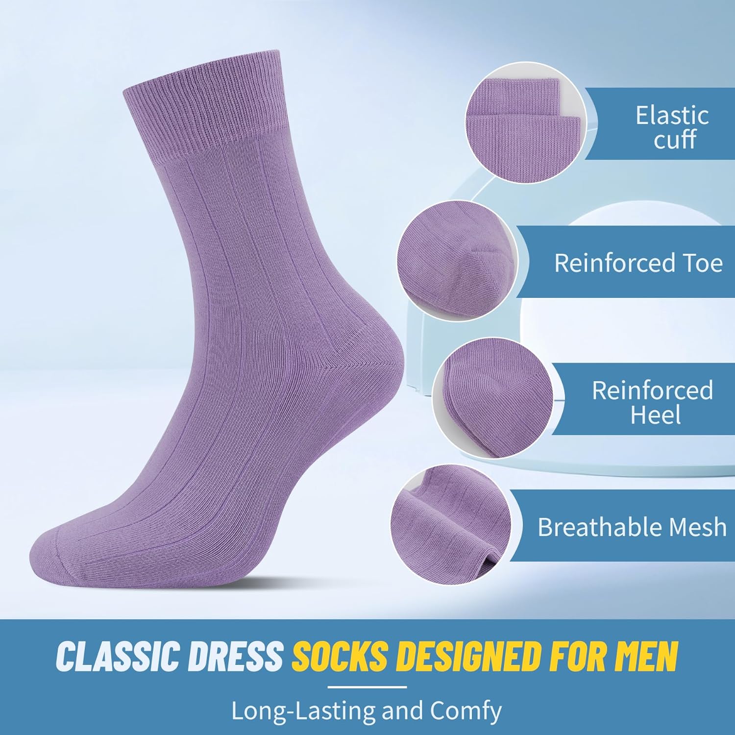 Men's Dress Socks Solid Colors Comfy Crew Cotton Dress Socks for Men Thin Lightweight Anti Odor Size 10-13 - Image 3