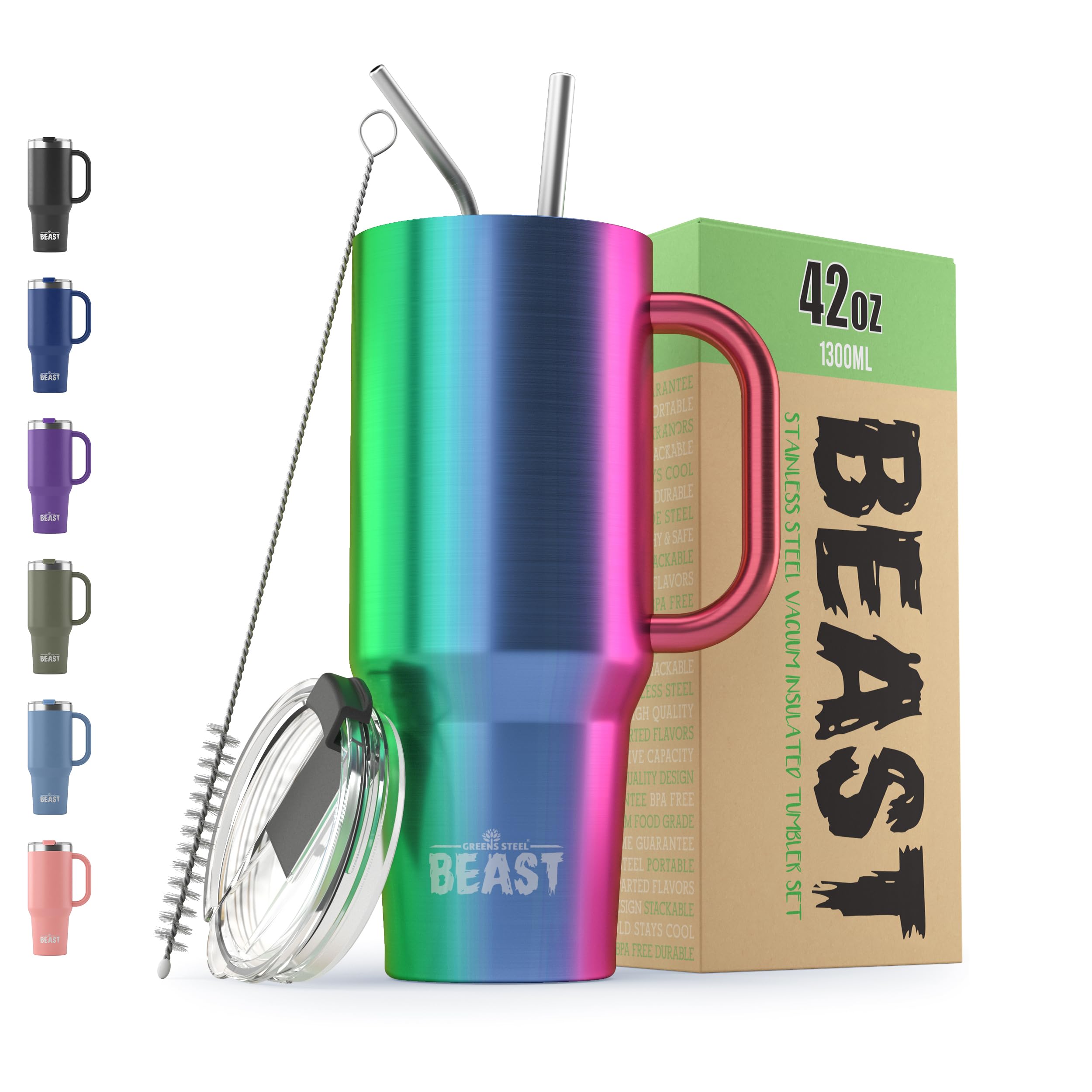 Beast Tumbler with Handle - 1300 ml (42 oz), Rainbow | Reusable Stainless Steel, Vacuum Insulated Cup | with + 2 Straws & Cleaning Brush | Double Wall Travel Flask Perfect for Hot or Iced Coffee โ image 1