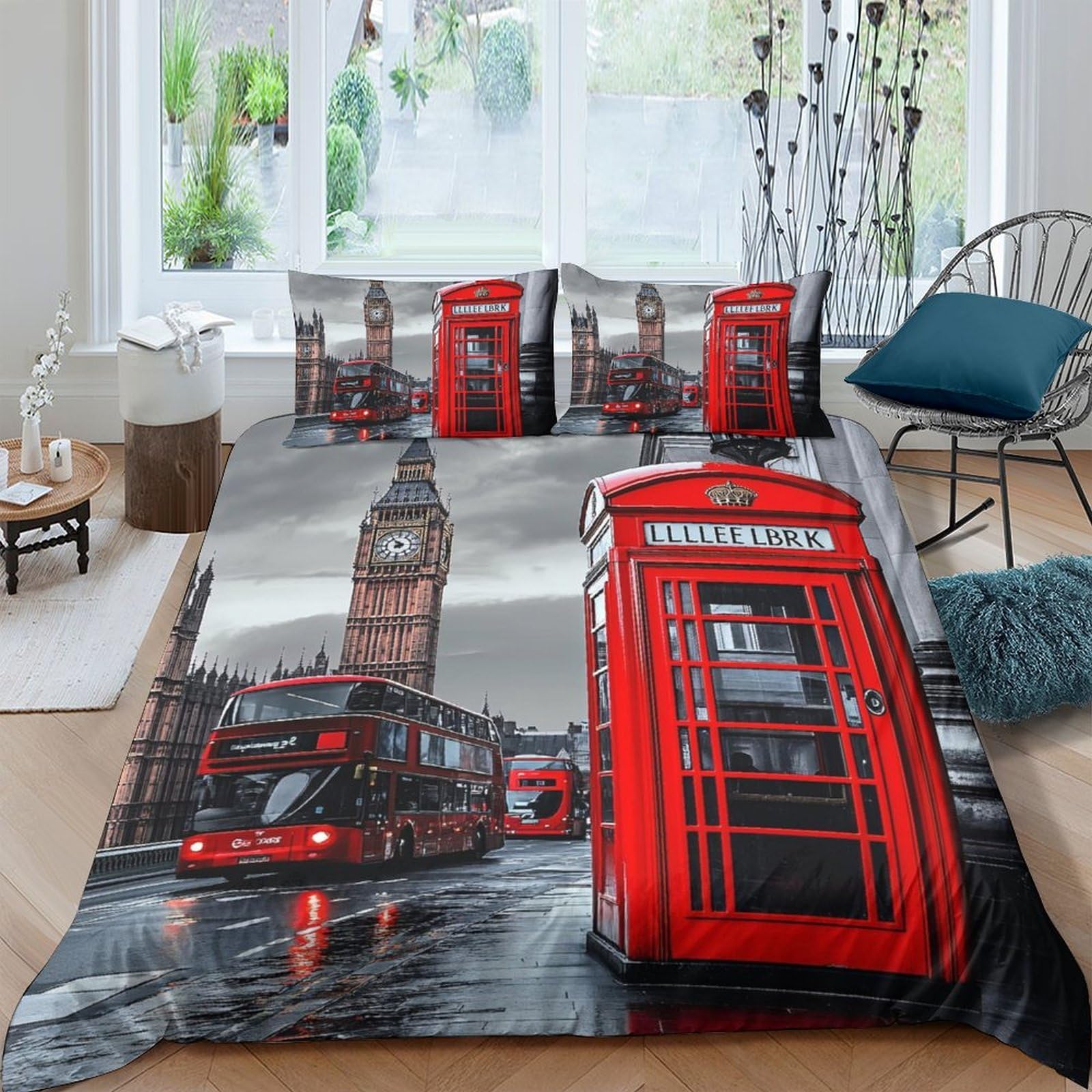 Ctjqhvkz Style-9 3D Printed London Red Telephone Box Fitted Sheet Microfiber Soft Grey Bus Mattress Cover For Bedroom Dorm Protection Single（135X200cm）