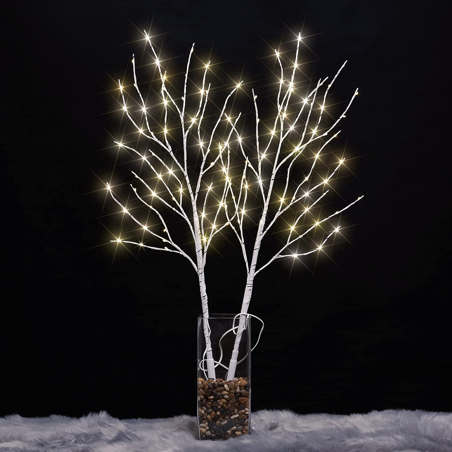 LIGHTSHARE Lighted 32IN Artificial Twig Birch Tree Branch with 120 Fairy LED Lights Battery Operated with Timer for Spring Thanksgiving Christmas Decoration Indoor Outdoor Sticks, White