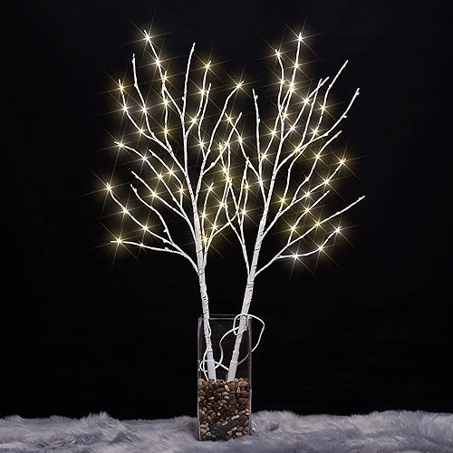 Miniatura 3 de LIGHTSHARE Rama de abedul artificial iluminada de 32 pulgadas con 120 luces LED de hadas, funciona con pilas y temporizador para decoración de