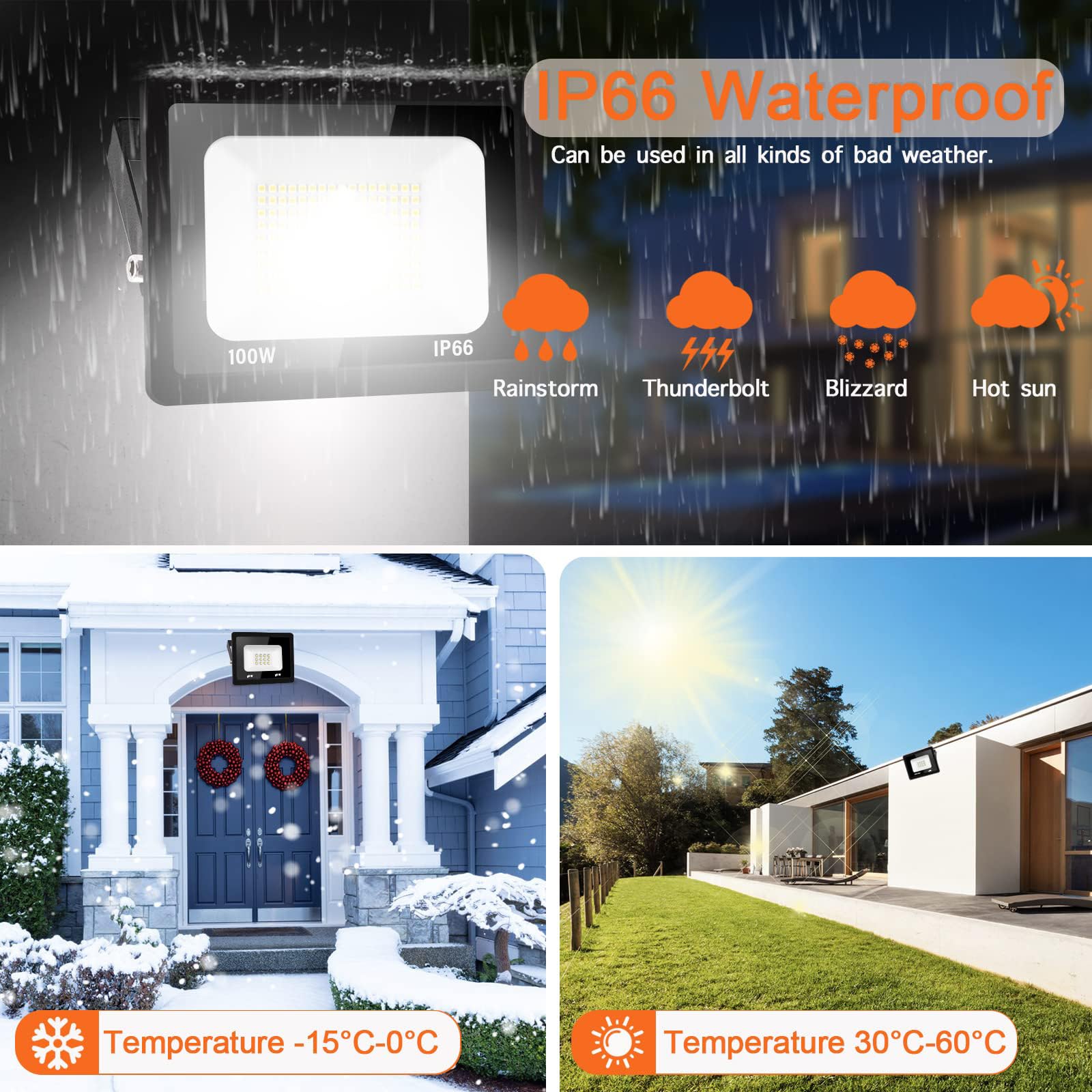 100W Projecteur LED Exterieur 10000LM IP66 Imperméable spot led exterieur Super Brillant Eclairage Extérieur Blanc Chaud(3000k) Sécurité spot led pour stades, usines, Parking, garage, jardin