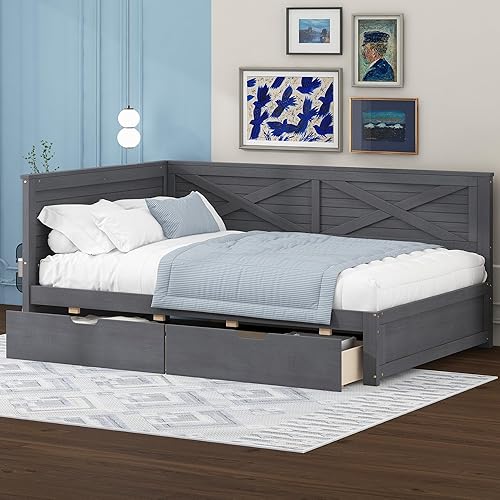 Miniatura 4 de JIVOIT Cama de plataforma capitán de madera maciza con estanterías en forma de L y dos cajones de almacenamiento cama de plataforma de tamaño