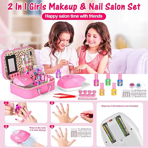 Miniatura 3 de Kit de maquillaje para niñas  Juguetes de maquillaje lavables 2 en 1 para niños y kits de arte de uñas con secador de uñas y estuche de cosméticos,