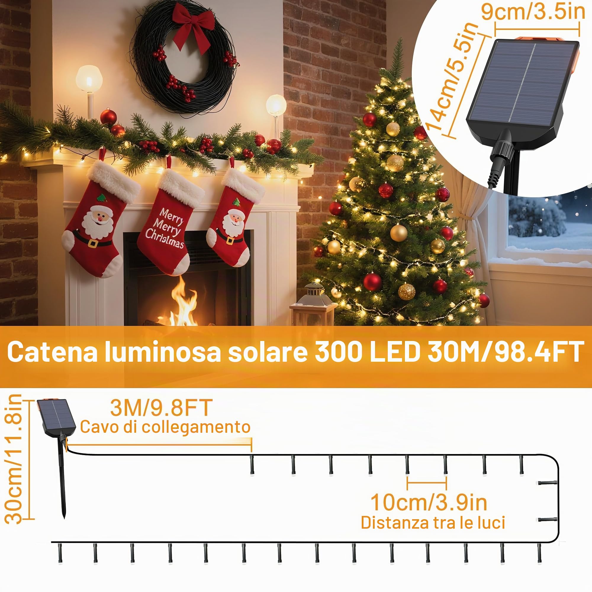 Catena luminosa a energia solare, 30 m, 300 LED, luce bianca calda, 8 modalità, con telecomando, impermeabile IP44, decorazione per interni ed esterni, per Halloween, Natale, matrimonio