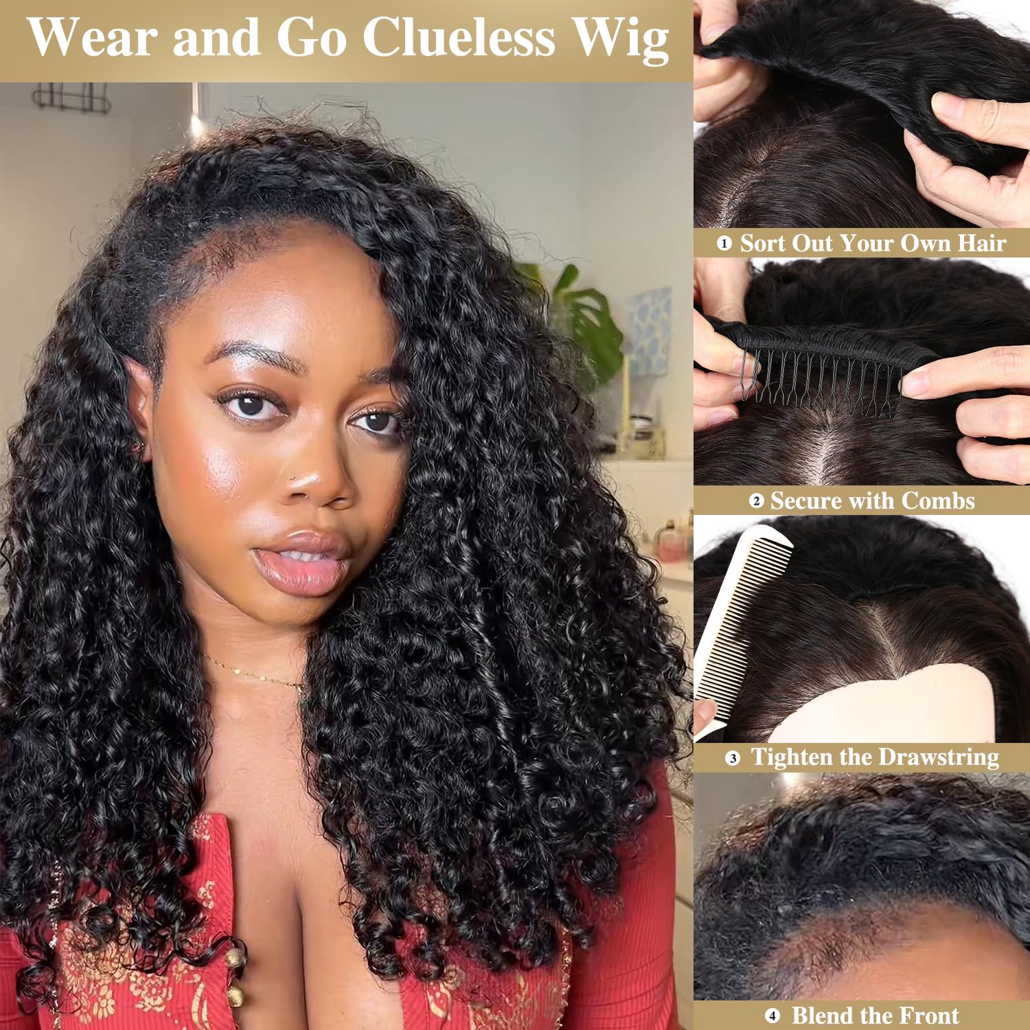 WIGNEE Burmese Curly Human Hair Half Wigs for Women 20 Inch 200% Density Glueless Deep Wave 3 In 1 Seamless Flip Over Half Wig Wear Go Drawstring Headband Wig with Spiral Ends Natural Color