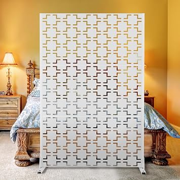 Elevens Metal Privacy Screen Outdoor Patio Screen Panels Freestanding Decorative Screen Set with Stand for Deck Patio Balcony Garden Outdoor&Indoor, White-quadra