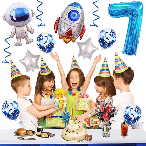Miniatura 2 de Globos de cumpleaños de cohete de 7 astronauta, globo de fiesta de espacio exterior, globos gigantes de papel de aluminio de 32 pulgadas, globo de