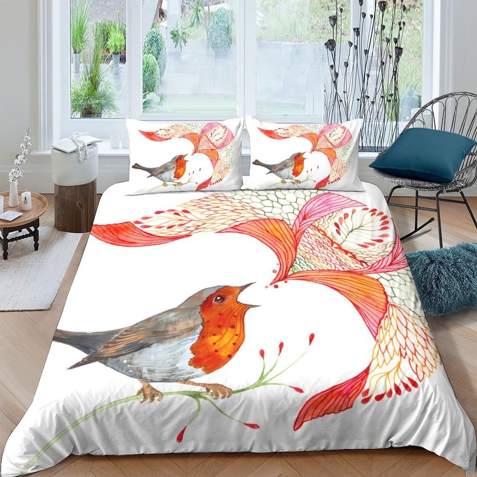 Ctjqhvkz Style-3 3D Printed Robin Bird Fitted Sheet Microfiber Soft Orange Leaf Mattress Cover For Bedroom Guest Room Decor Single（135X200cm）