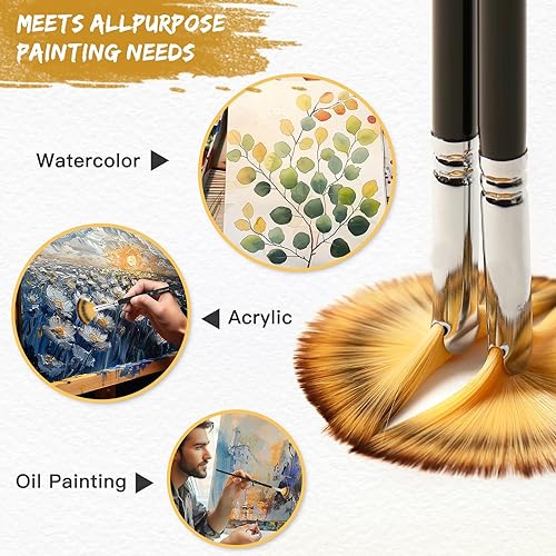 Miniatura 3 de Golden Maple Pinceles de abanico, 3 piezas de pelo de nailon suave antidesprendimiento, abedul de madera de mango largo artista pincel de pintura