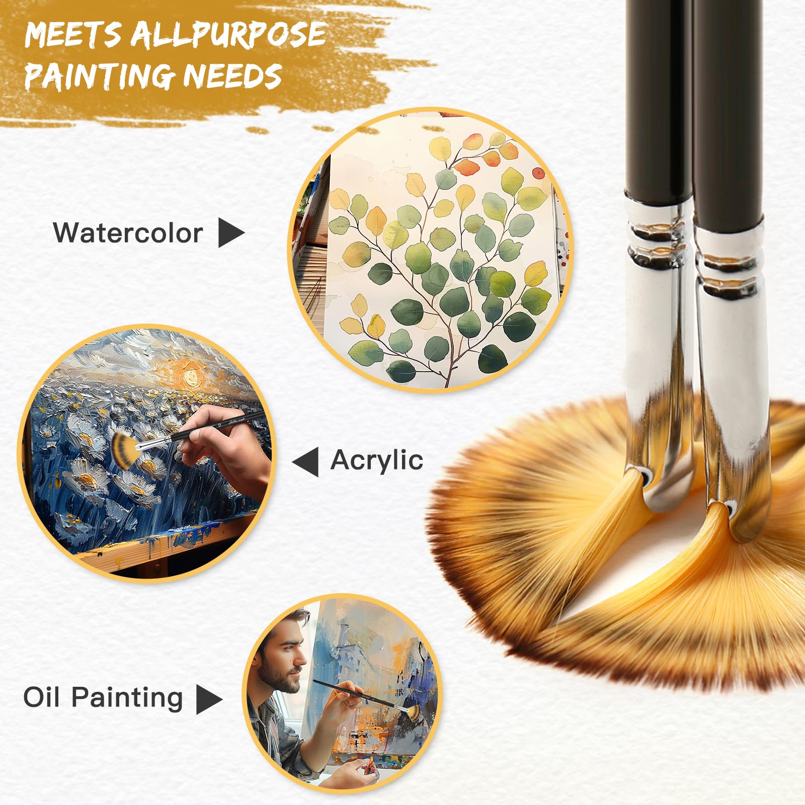 3-Piece Artist Fan Brush Set – Long Wooden Handle, Perfect For Oil, Acrylic & Watercolor Painting