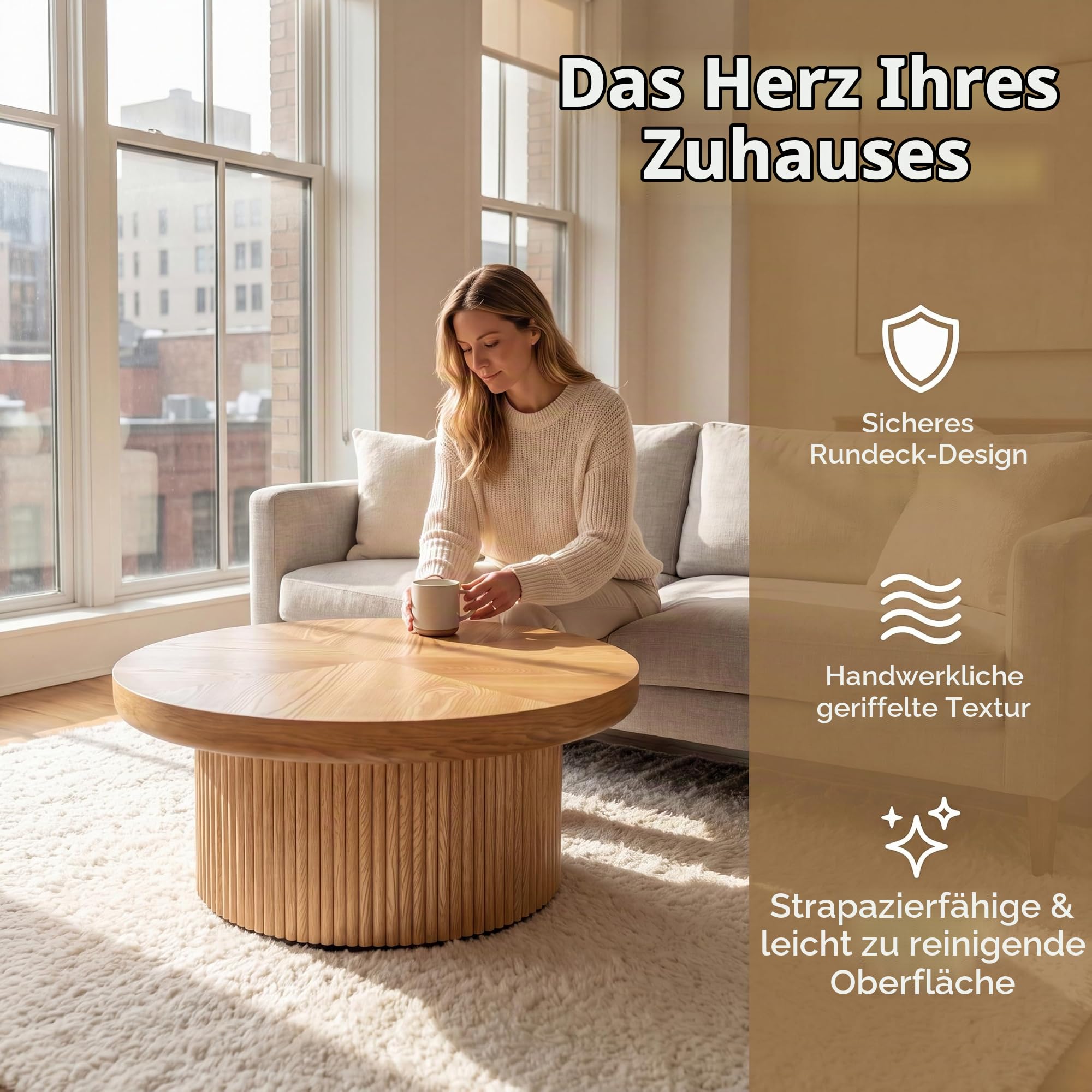 Couchtisch mit Parquet Pattern Top, Modern Round CoffeeTable,78cm | Fluted Design,Kid & Pet Friendly