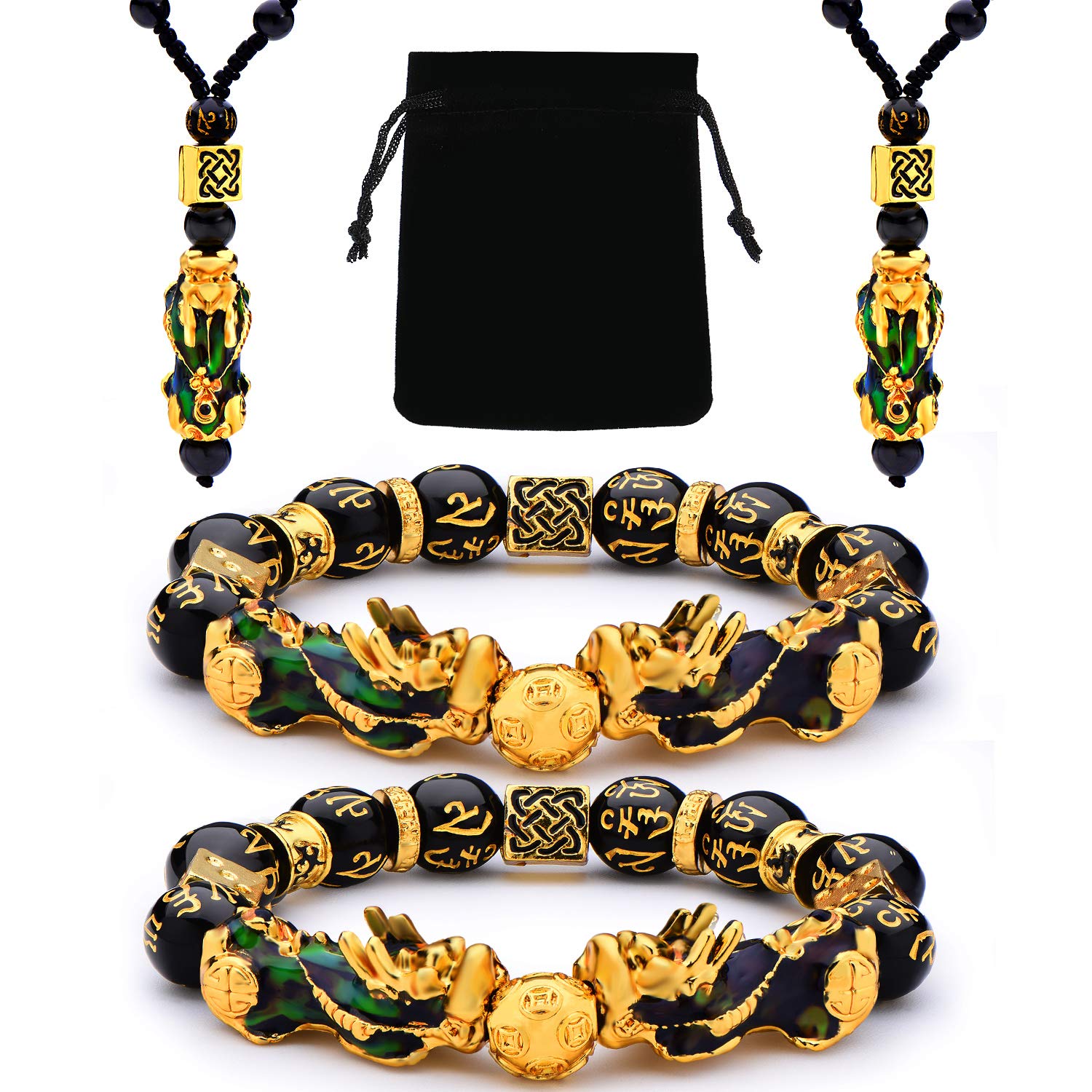 Hicarer4 Pieces Feng Shui Pi Xiu Pi Yao Bracelet Necklace Set, Adjustable Feng Shui Lucky Nafu Wealth Necklaces Black Bead Bracelet with Hand Carved Amulet Bead