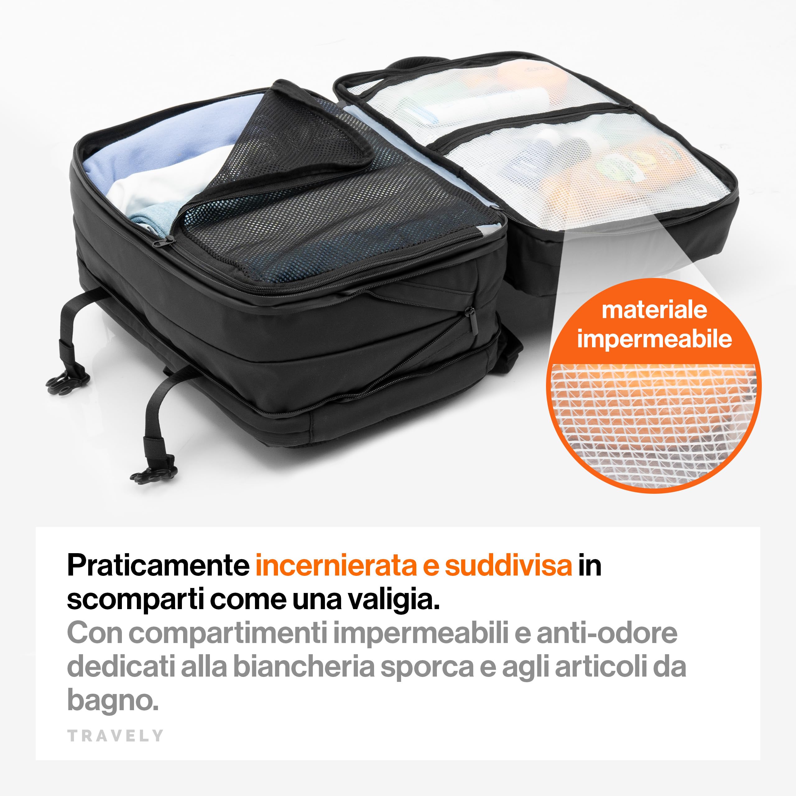Travely Zaino Viaggio 20-40L Espandibile e Impermeabile 45x30x12-26cm - Valigia, Travel Backpack, Antifurto, Capiente, Grande, Nero