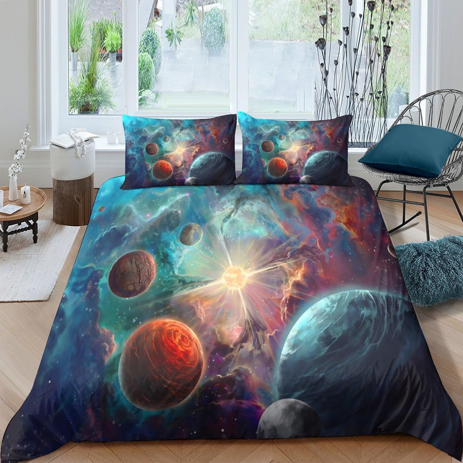 Housse de couette imprimée 3D planètes en microfibre hypoallergénique Super King