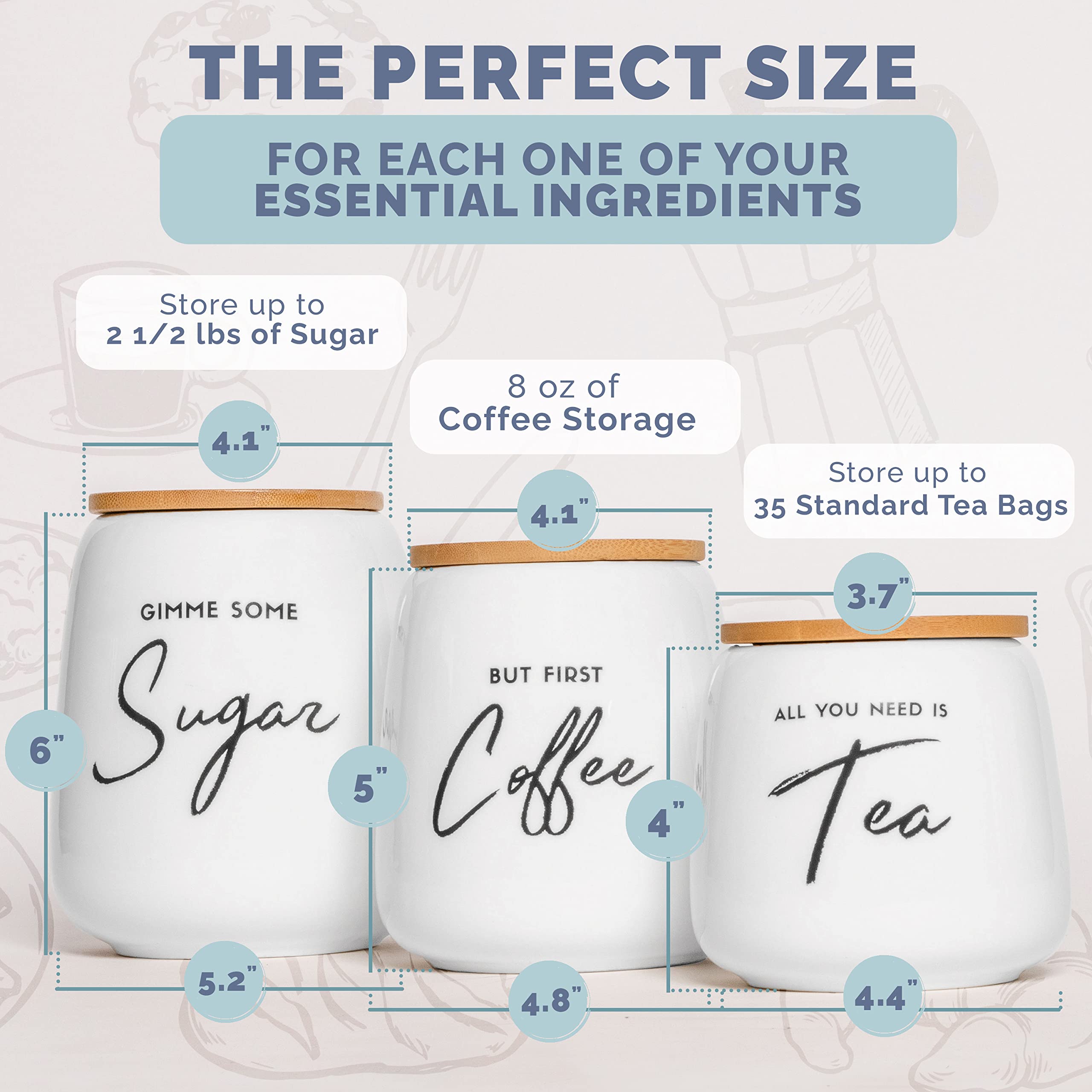 Airtight Kitchen Canister Set of 3 for the Kitchen Counter & Coffee Bar - Coffee Tea Sugar Ceramic Canister Set with Airtight Bamboo Lids - Fun Canister Sets for the Kitchen by Fifth Fork