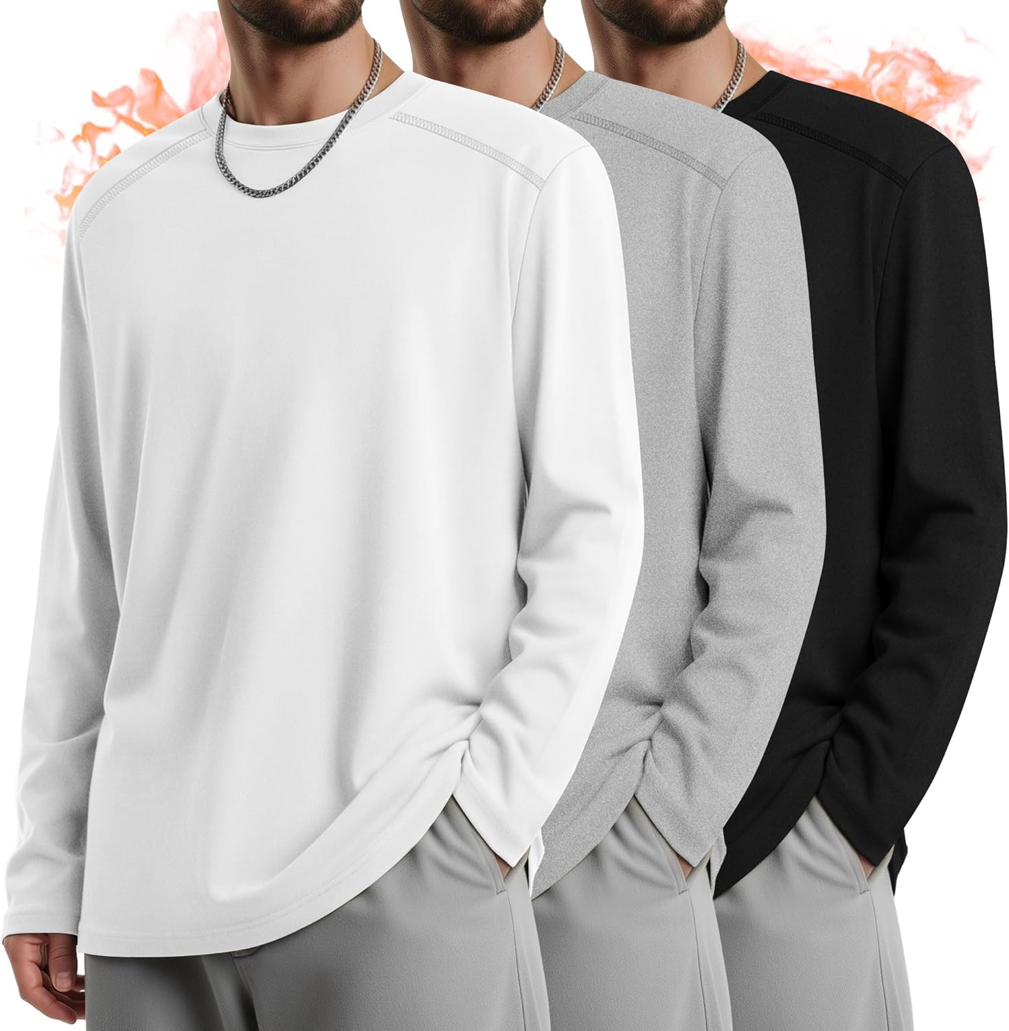 3 Pack Men's Big and Tall Thermal Shirts, Fleece Lined Long Sleeve Tees Warm Crew Neck Undershirt Tops