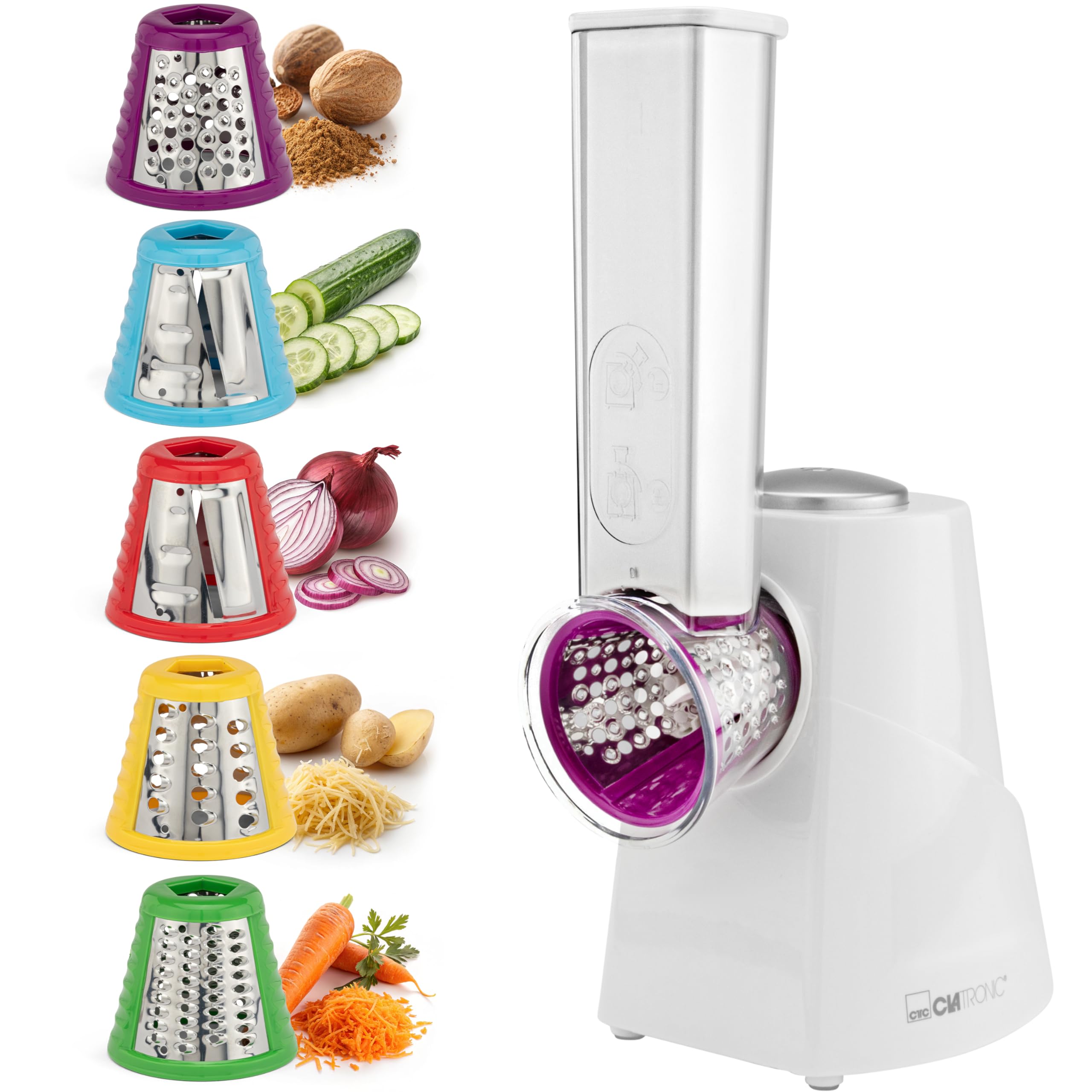 Clatronic ME 3604, Multi-Express, pour couper, râper et émincer | Éminceur électrique | Coupe-légumes | Râpe à légumes | 5 ustensiles y compris râpes | Grande ouverture de remplissage | 200W | Blanc