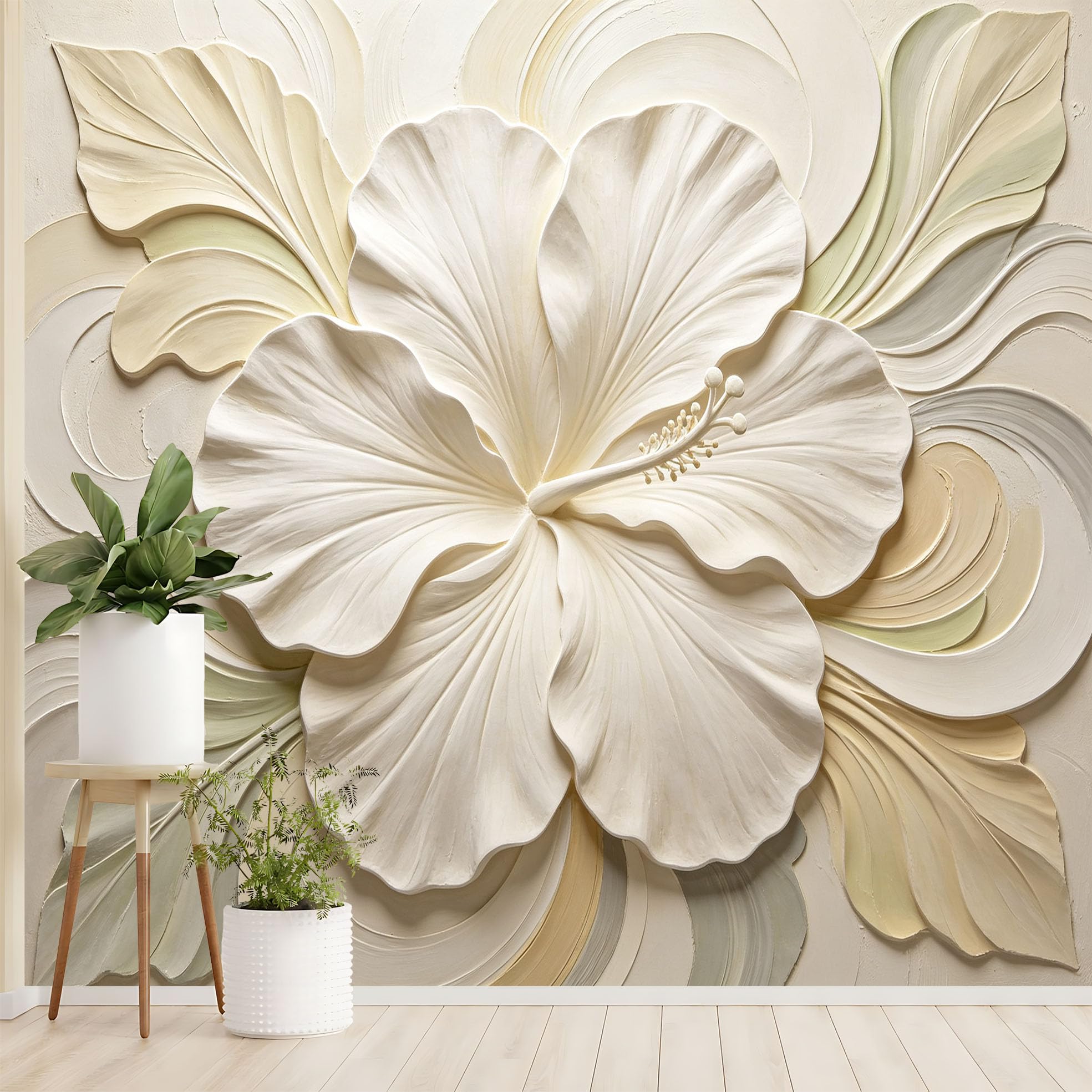 Duży kwiat hibiskusa fototapeta nowoczesna elegancka tropikalna tapeta z włókniny 200 x 140 cm kremowy beżowy botaniczne rzeźbiarskie kwiaty pokrycie ścienne do sypialni salonu jadalni funkcja W