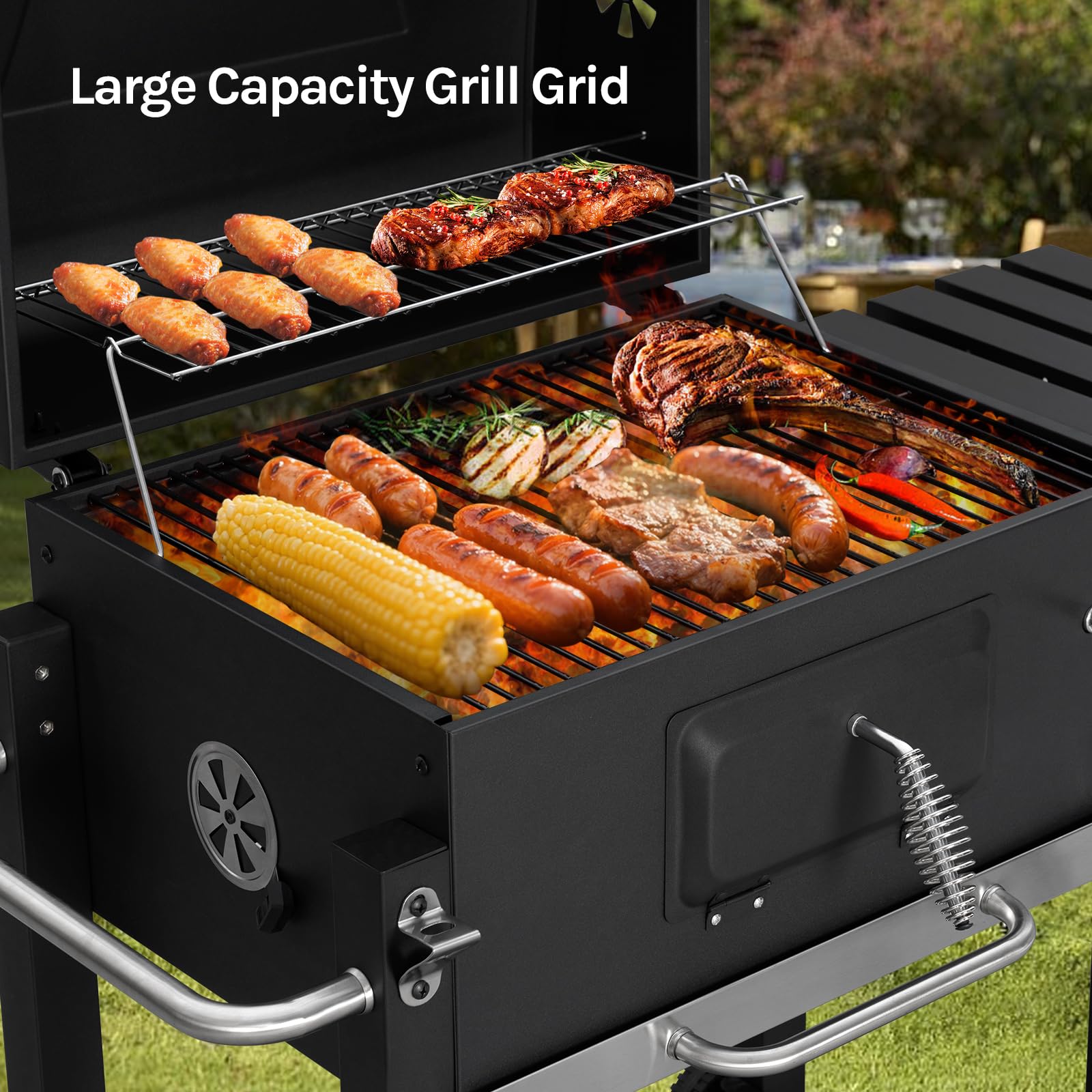 WOLTU grill na węgiel drzewny z pokrywą, duża powierzchnia grilla, regulowana taca na węgiel, grill typu smoker, BBQ z rusztem grillowym, termometrem, wózek grillowy do kempingu, 117 x 107 x 71 cm
