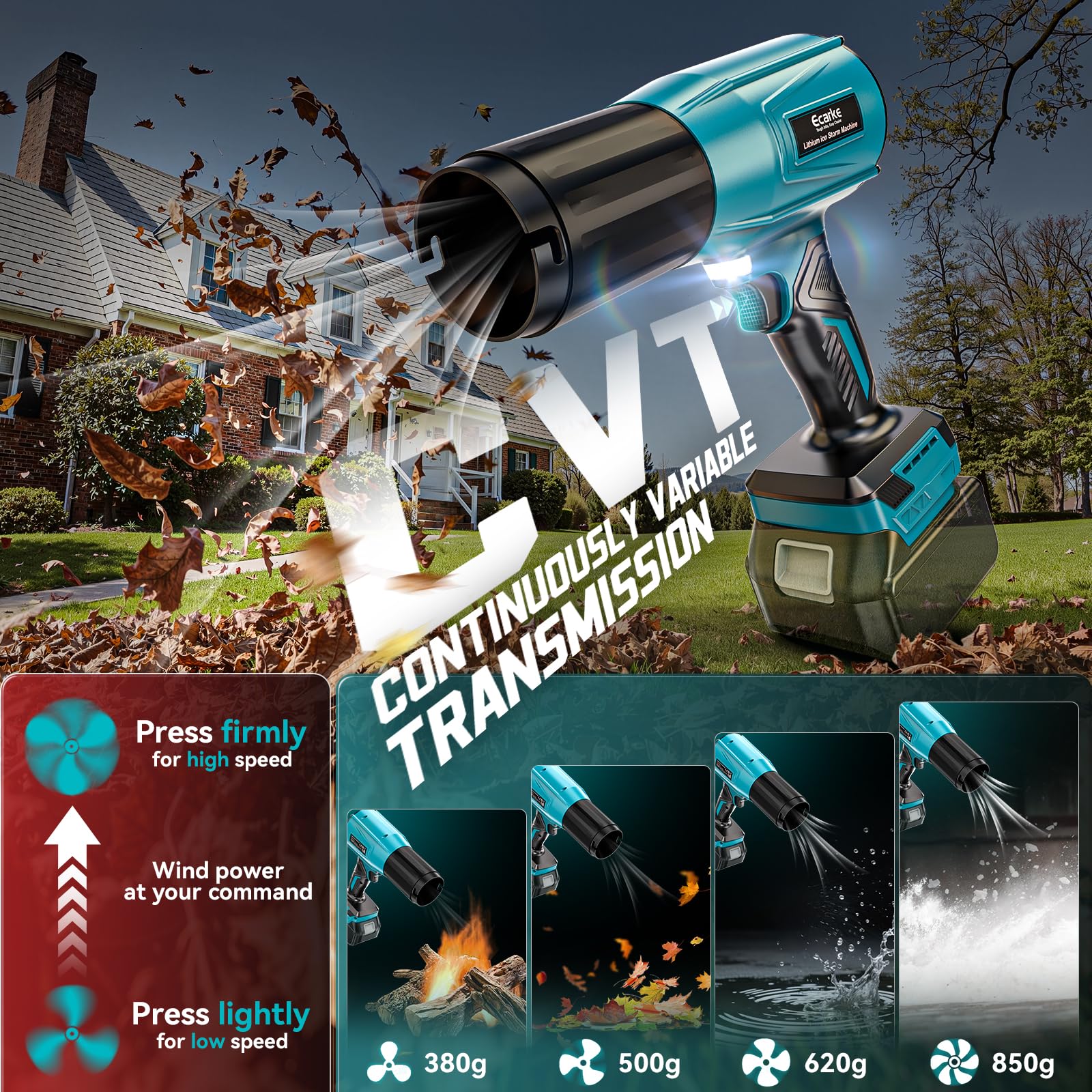 Ecarke Soffiatore a batteria compatibile con Makita 18V, motore brushless 80.000 giri/min, velocità aria 60 m/s & pressione 850 g, soffiatore portatile per foglie, polvere & neve (senza batteria)