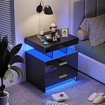 Bedside Table with Charging Station, Bedside Table with LED Lights and Power Strip (2 AC Outlets, 2 USB Ports) with 2 Drawers for Living Room, Bedroom, Office, Modern, 50 x 40 x 58 cm, Black