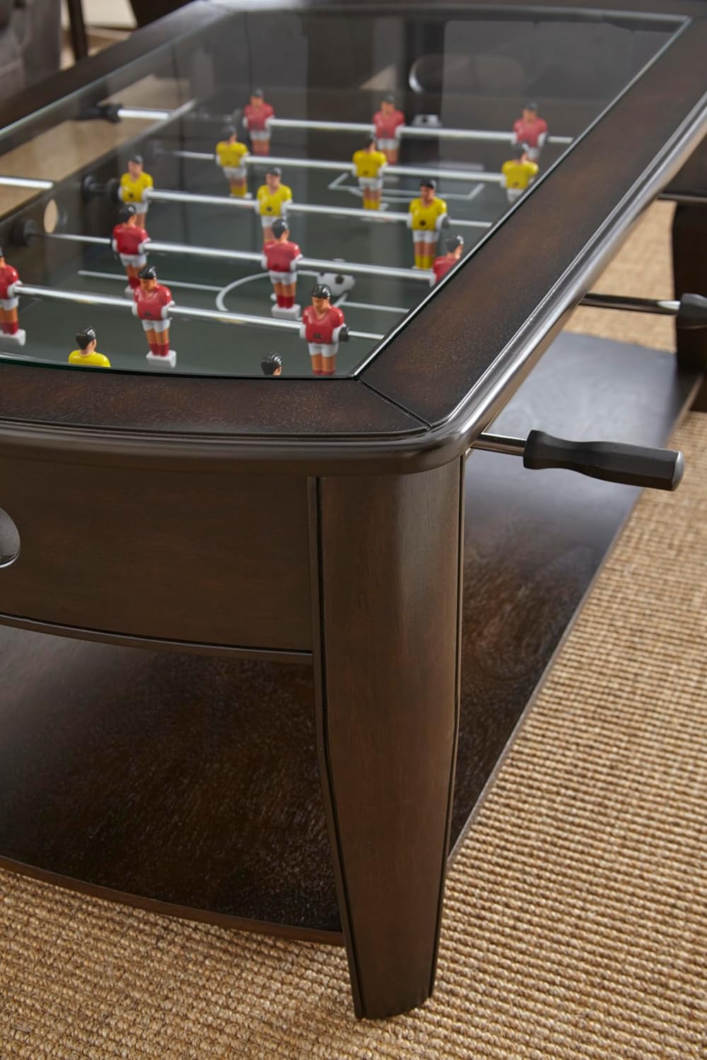 Updated Version 45" L Foosball Coffee Table with Tempered Glass for Living Room, Multi-Functional Soccer Balls Foosball Game Cocktail Tables with Storage Shelf, Locking Wheels, Cherry