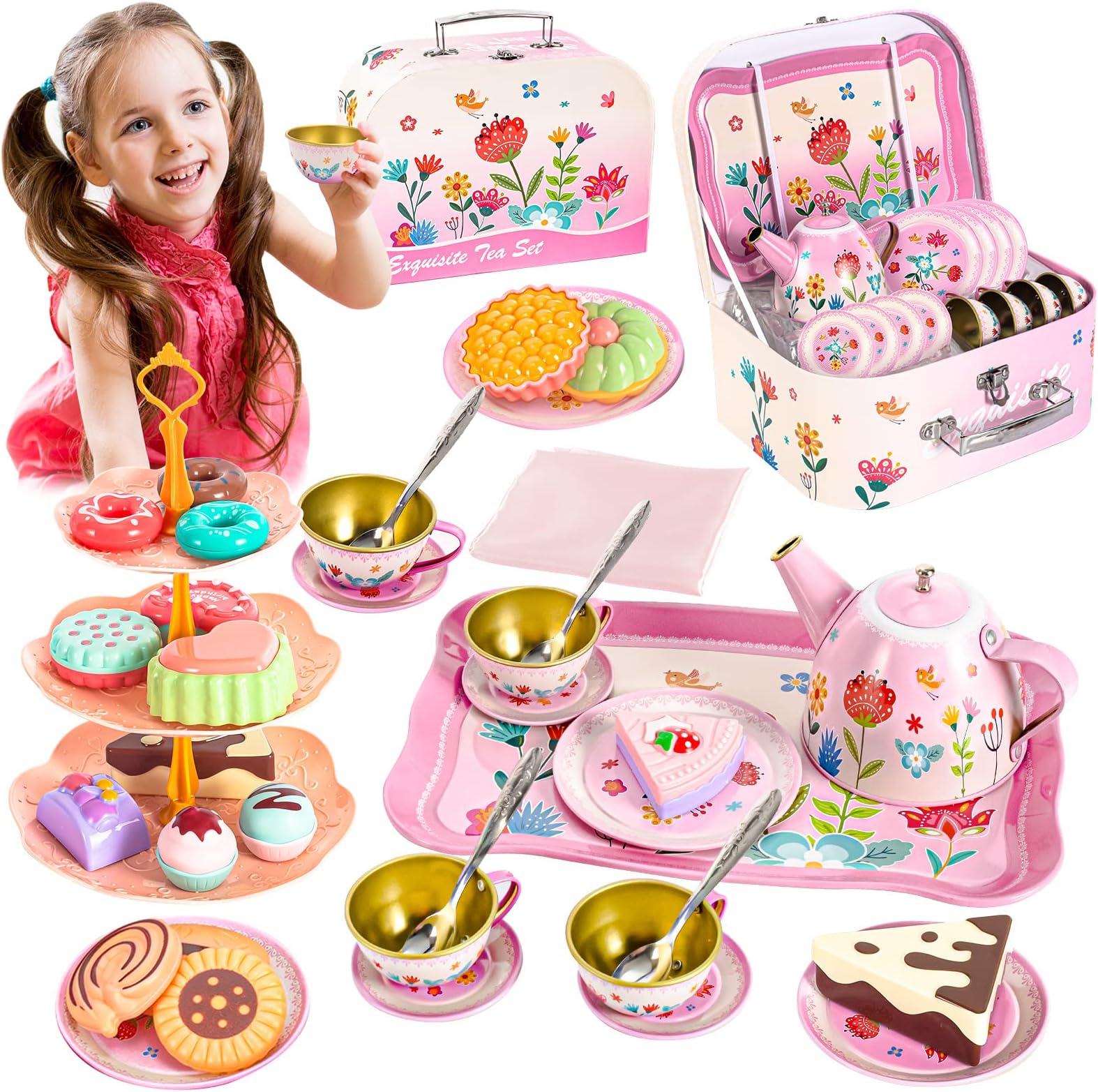 ShyLizardTea Set for Little Girls, Kids Party Set Toys for 3 Year Old Girls, Princess Tea Set for Girls Gifts, Flower Design Tea Set Toys for Girls, Gifts for 3 4 5 6 Year Old Girls, 43PCS