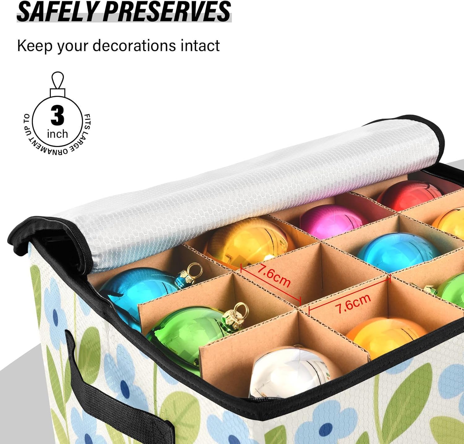 High Capacity Christmas ornament storage Holds Up to 64, Adjustable Dividers, Zippered Top, Two Handles handy Holiday Storage Case with Lid,Spring Minimalist Blue Floral