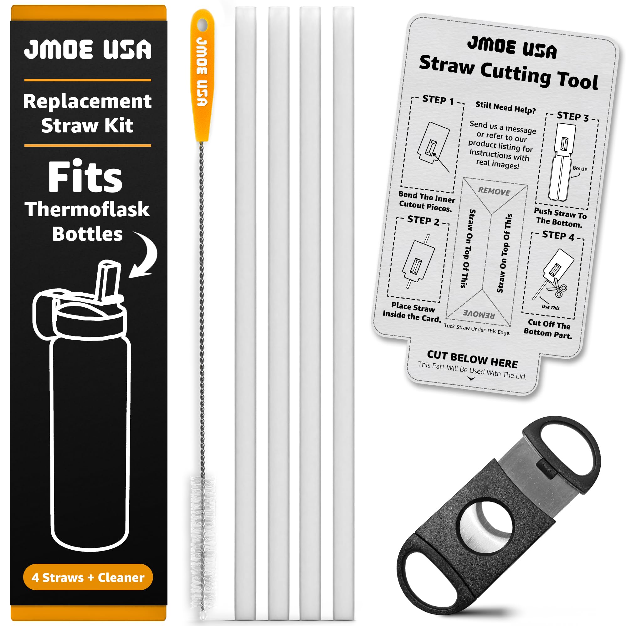 Jmoe USA Replacement Straws For Thermoflask Water Bottles | Fits 14, 16, 18, 24, 32, 40, 64 oz | BPA Free | Customizable Length With Measuring & Cutting Tool