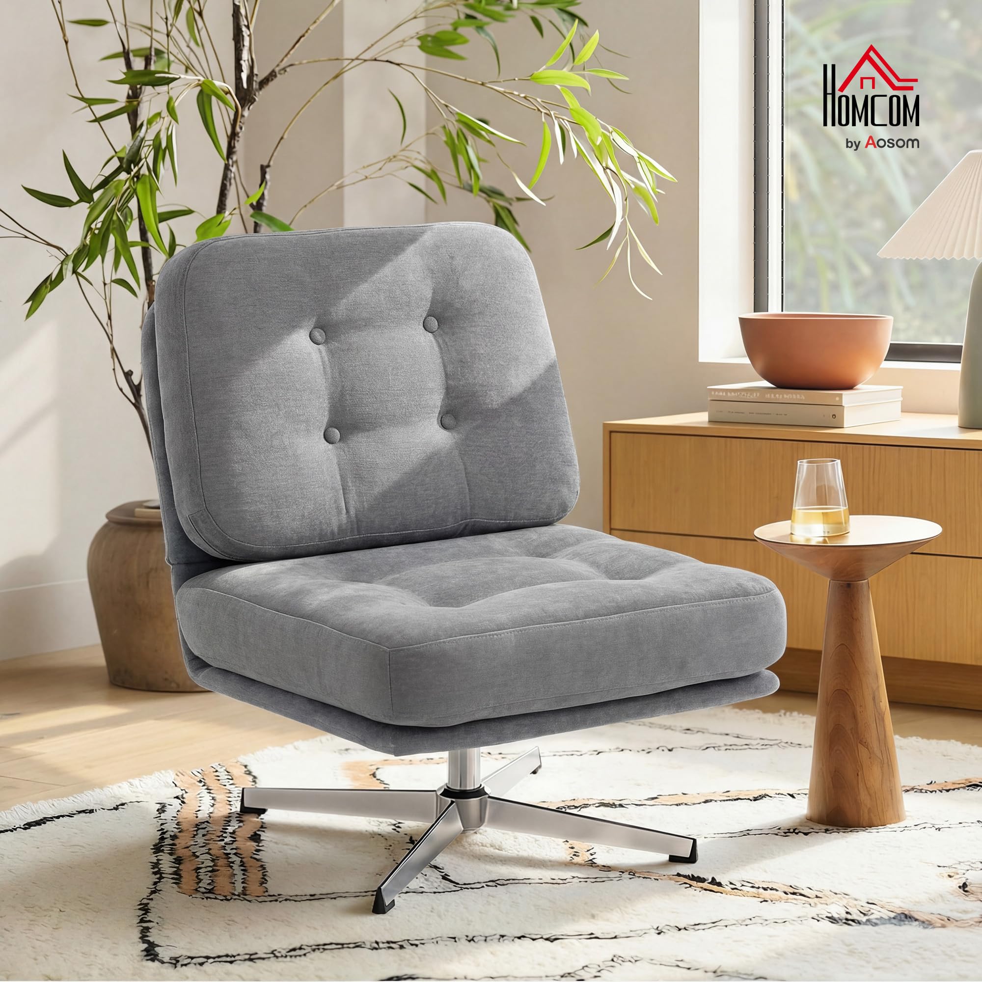 HOMCOM Sessel 360° Drehbarer Loungesessel mit Chenille-Optik, Breiter Sitzfläche, Schneidersitz Polsterstuhl mit Metallbeinen, Gepolstert Relaxsessel Lesesessel für Wohnzimmer, Schlafzimmer, Hellgrau