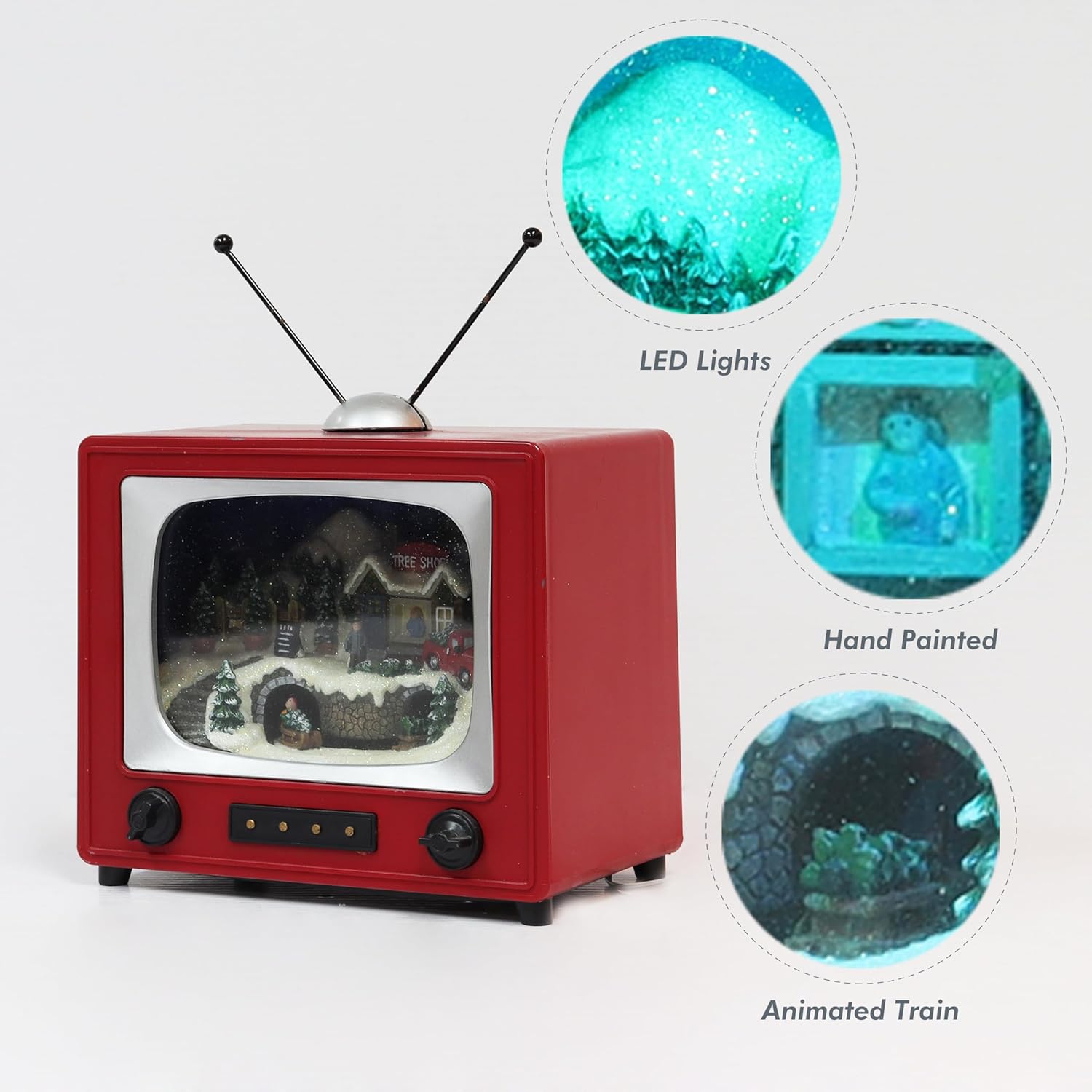 MOMENTS IN TIME 6" H Red Retro TV with Mountain Scene (Animated Train) - LED Lights - 8 Classic Carols Christmas Music - Battery Operated - Hand-Painted Resin Polyresin Injection Plastic