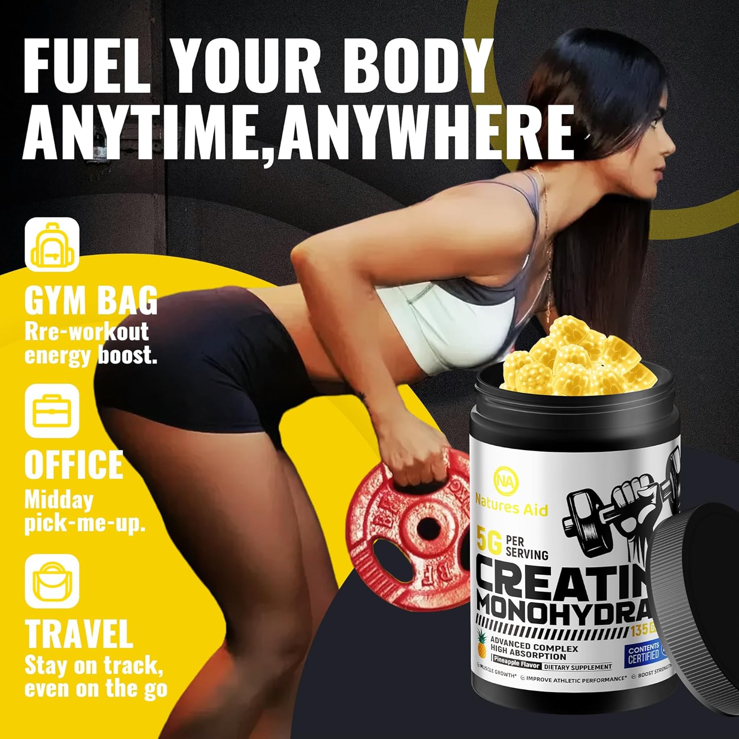 Natures Aid NSF Certified Creatine Gummy 5g - Creatine Monohydrate Gummies – Pre-Workout Energy & Muscle Growth Support for Men & Women | Pineapple Electrolyte Gummies (135 Count)