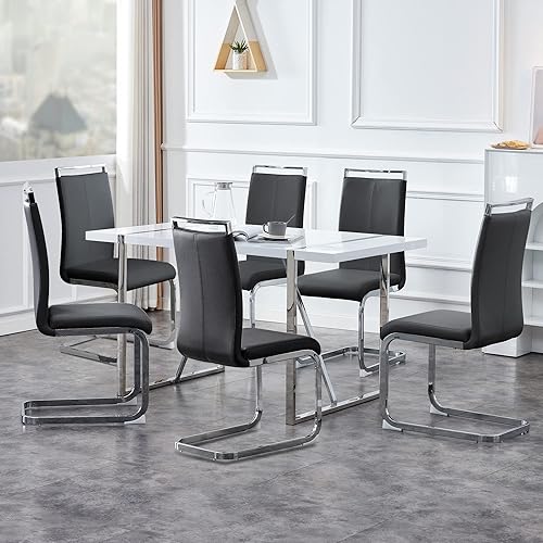 Miniatura 3 de Juego de sillas de comedor para 6, mesa de cocina rectangular moderna de 55 pulgadas con sillas acolchadas de cuero, juego de mesa de comedor de 5