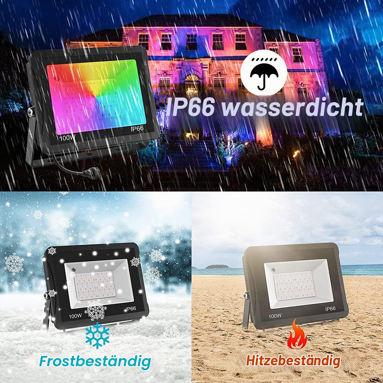 RGB Strahler Outdoor 100W, T-SUNUS RGB LED Strahler Außen mit Fernbedienung 16 Farben und 4 Modi, IP65 Wasserdicht Fluter für Party Halloween Bar Deko Weihnachten