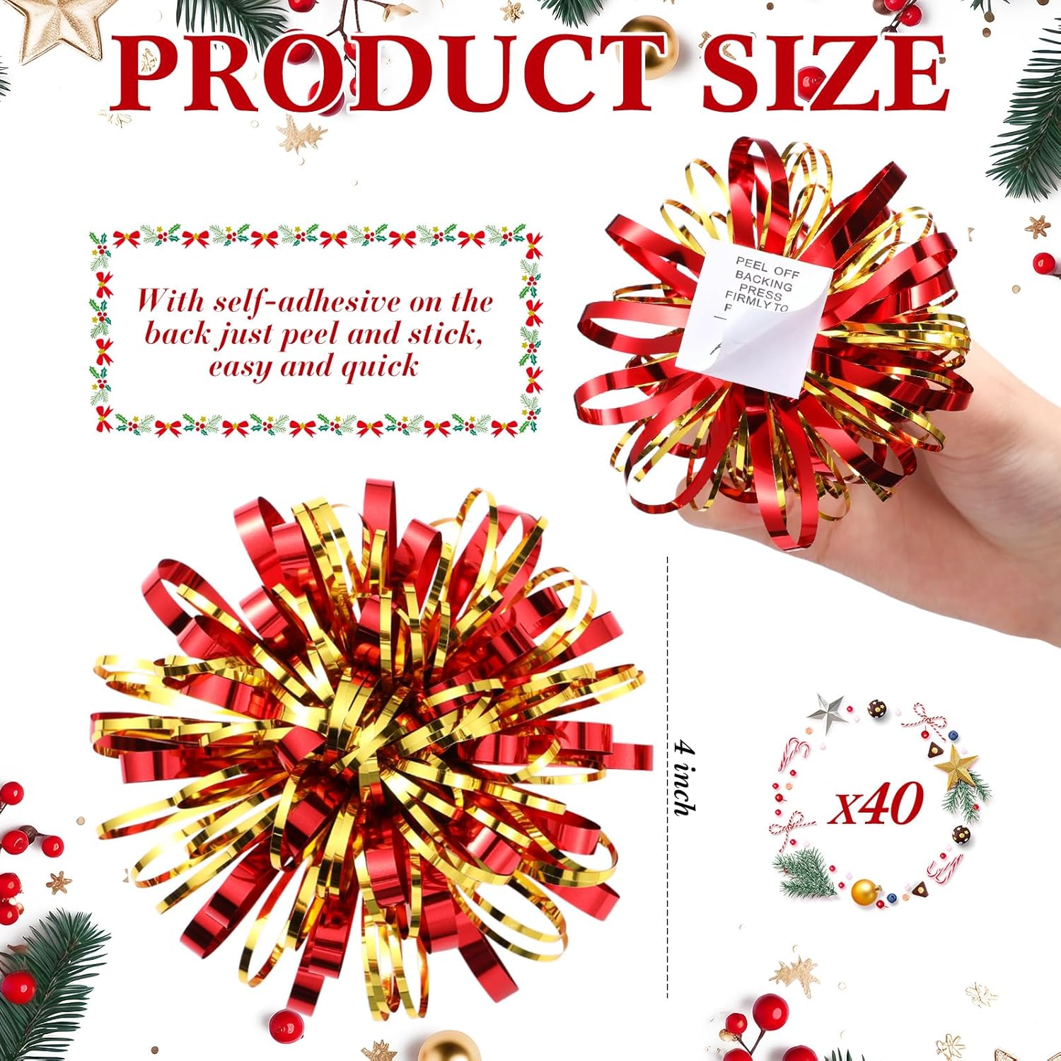 Yunlly 40 Pcs 4'' Christmas Bows Gift Wrapping Self-Adhesive Metallic Assorted Size Christmas Present Bows with Ribbon for Gift Basket, Holiday, Birthday, Anniversary(Red, Gold) - Image 3