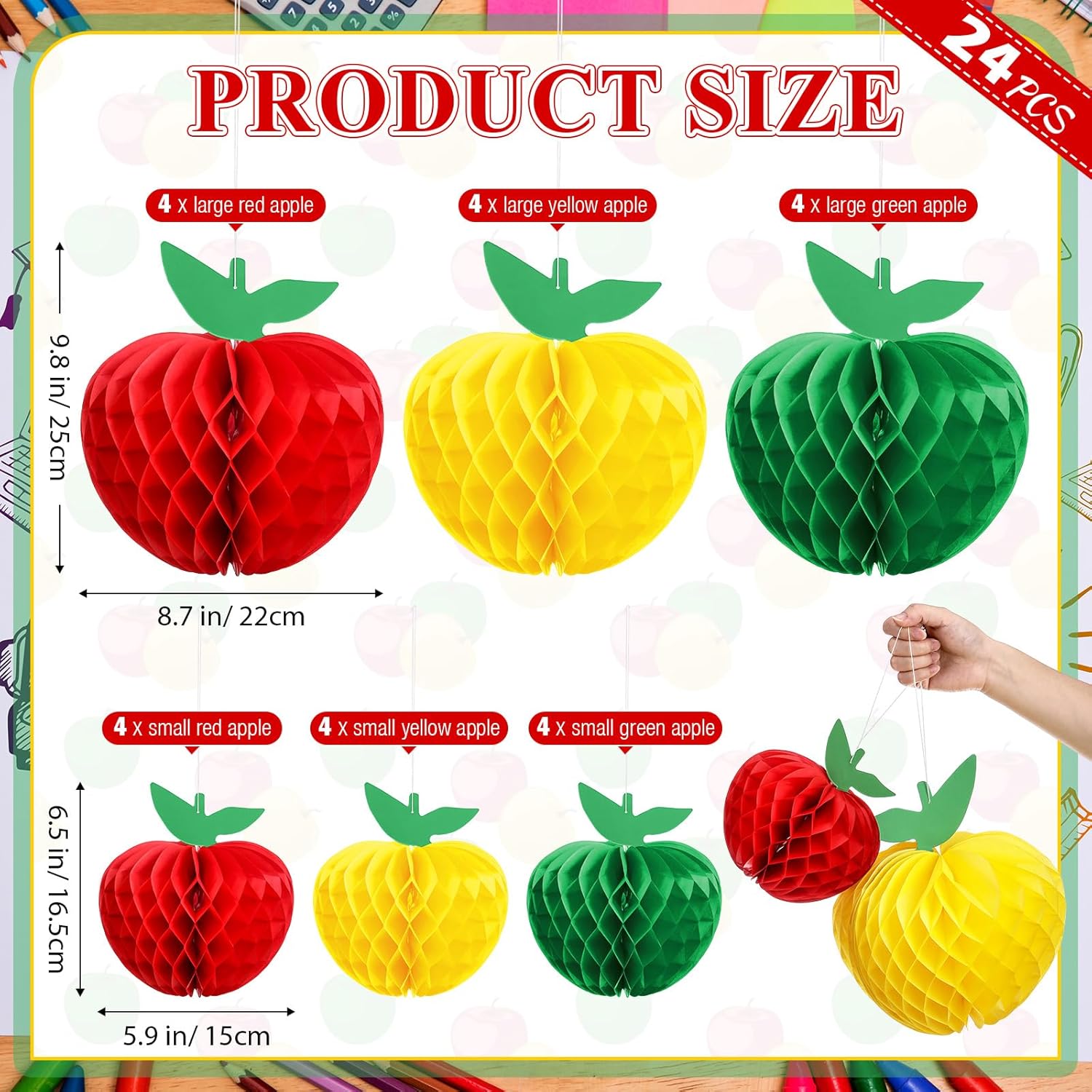 AmazingSpark 24 Pcs Large Apple Honeycomb Hanging Decorations Apple Shaped Tissue Paper Rosh Hashanah Decorations Back to School Decor Table Centerpieces Party Supplies, 2 Sizes
