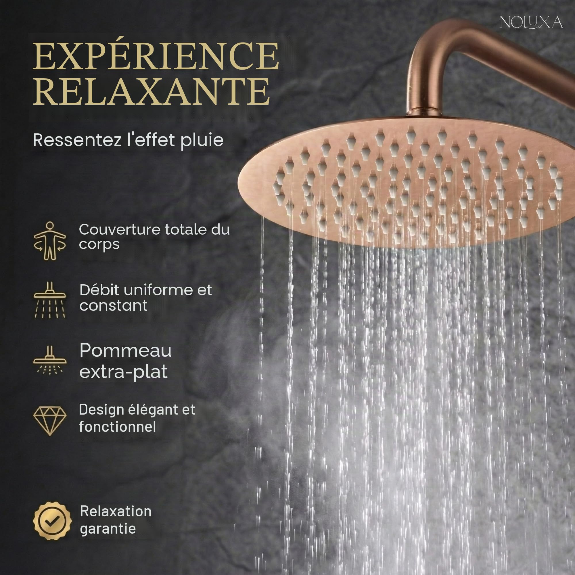 IMEX - Colonne de Douche Thermostatique Or Rose avec Robinet | Ensemble de Douche avec Pommeau et Pommeau Anticalcaire Effet Pluie | Robinetterie en Laiton et Acier Inoxydable S.304 avec Barre