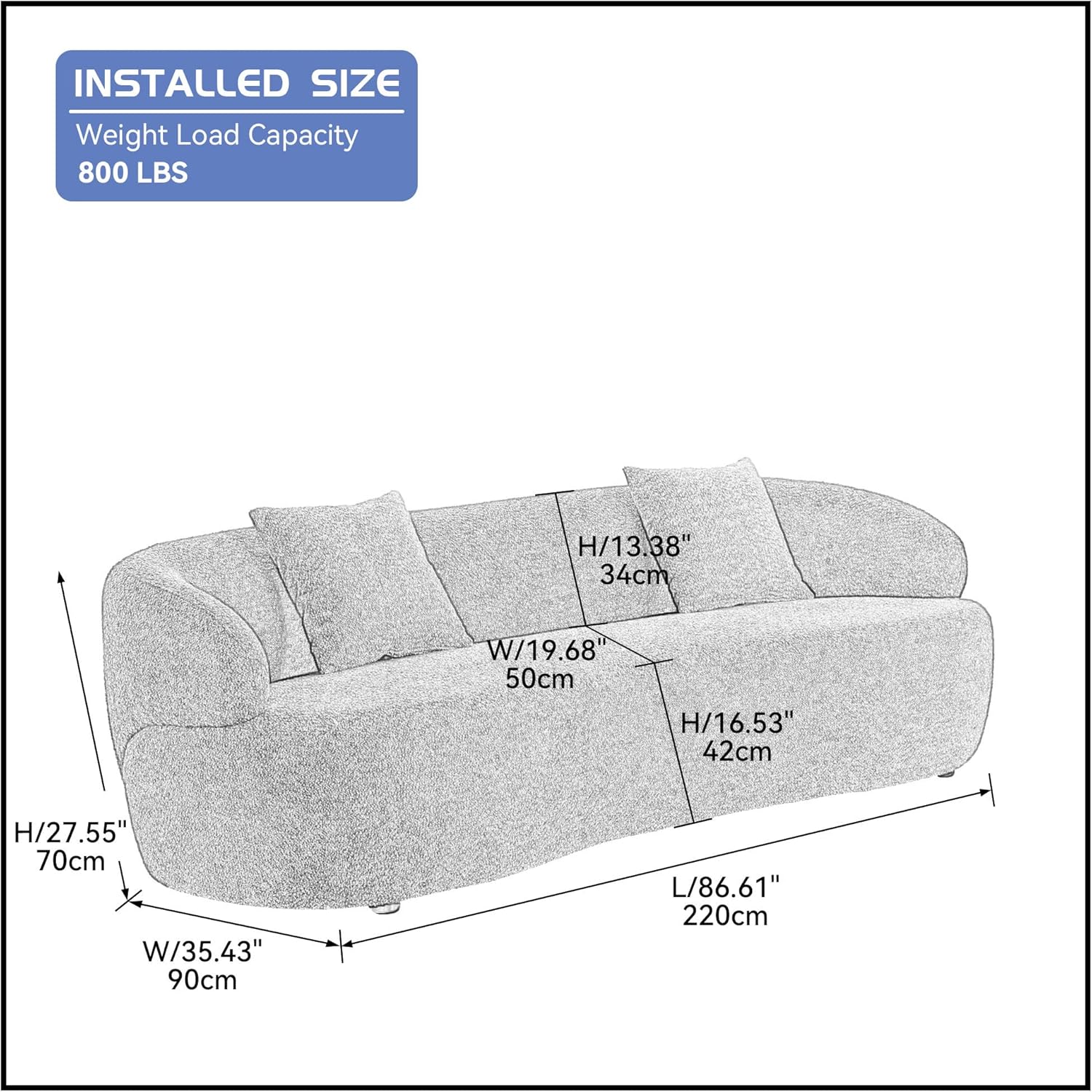 Curved Sofa Couch, 86.6" 3-Seater Modern Boucle Sectional Sofa Couch, Comfy Cloud Upholstered 3 Seat Leisure Cushion Sofa with Pillows for Living Room, Bedroom, Office, Apartment, Beige