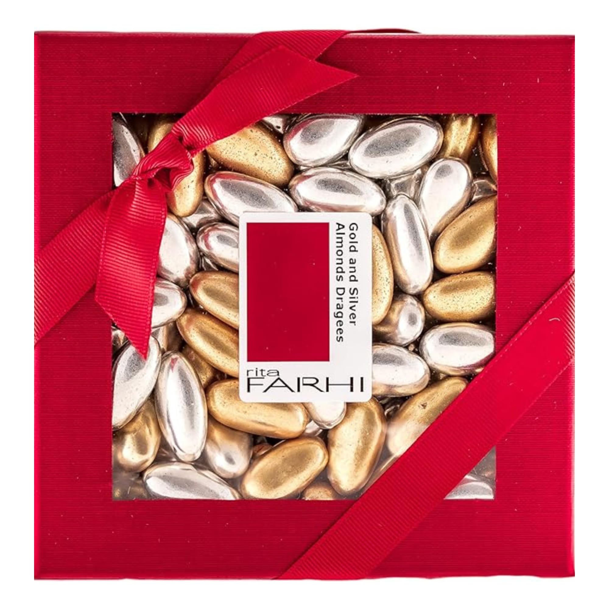 Rita Farhi Gold and Silver Almond Dragees 240g – Luxury Sugared Almond Gift Box, Shimmering Gold & Silver Coated Almonds for Weddings & Celebrations