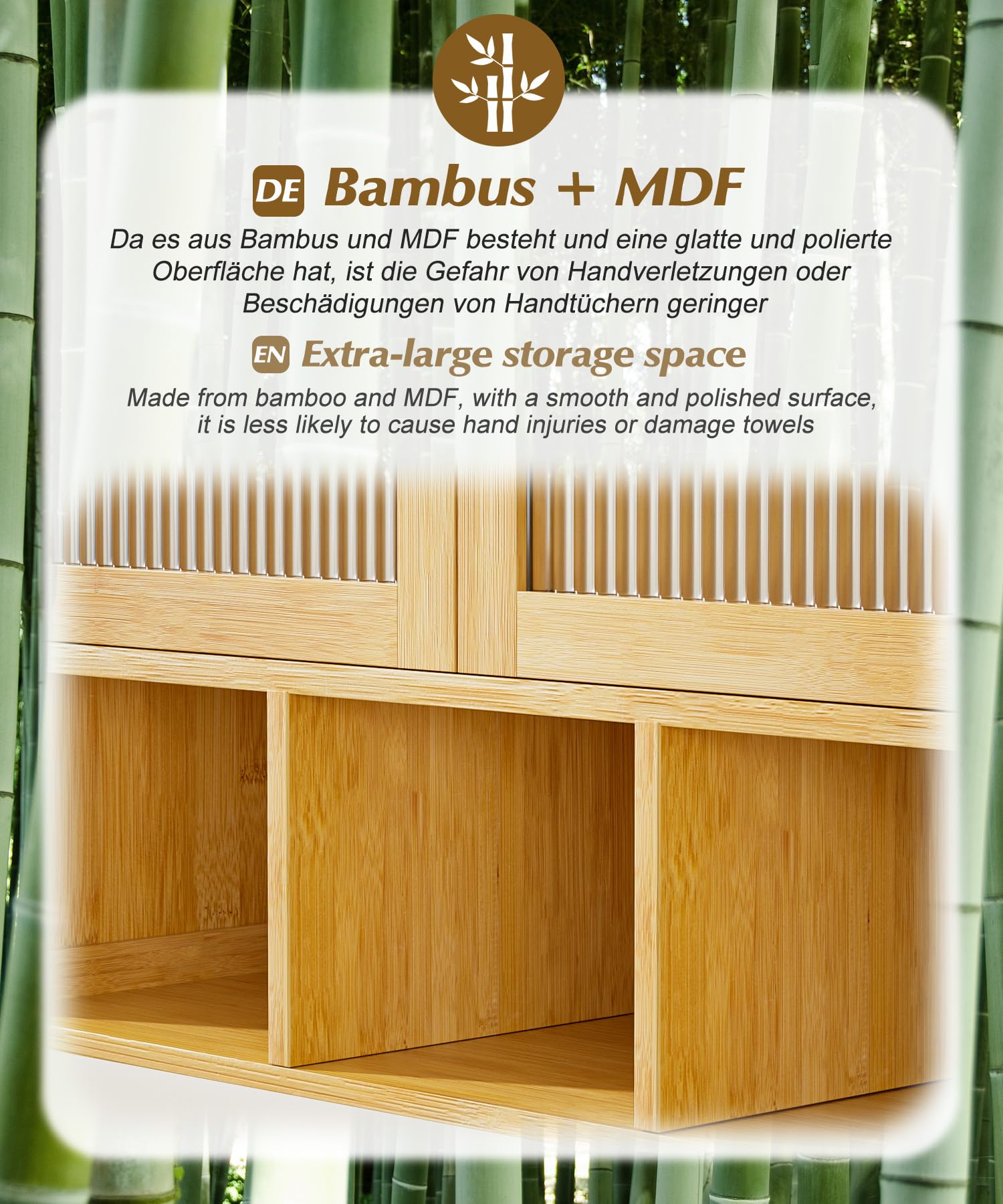 Yorbay Badezimmerschrank Hängend mit 2 Transparente Magnettür und Offenem Fach, Bambus Medizinschrank für Bad, Platzsparendes Wandschrank Küchenschrank, 22 x 59 x 66 cm (Bambusfarbe)