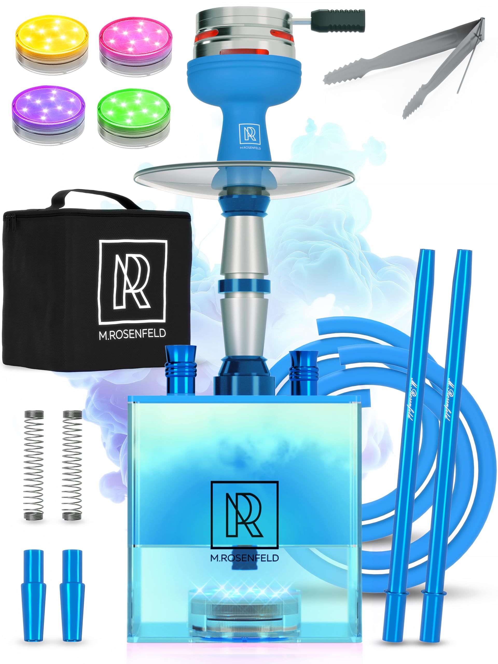 Royal Blue Hookah 2 Hose Hookah Set with Travel Case - YADO Square Hookah To Go - Cube Acrylic Hooka with Big Silicone Bowl for Smoking Coal Tongs Amazing Led Light Remote