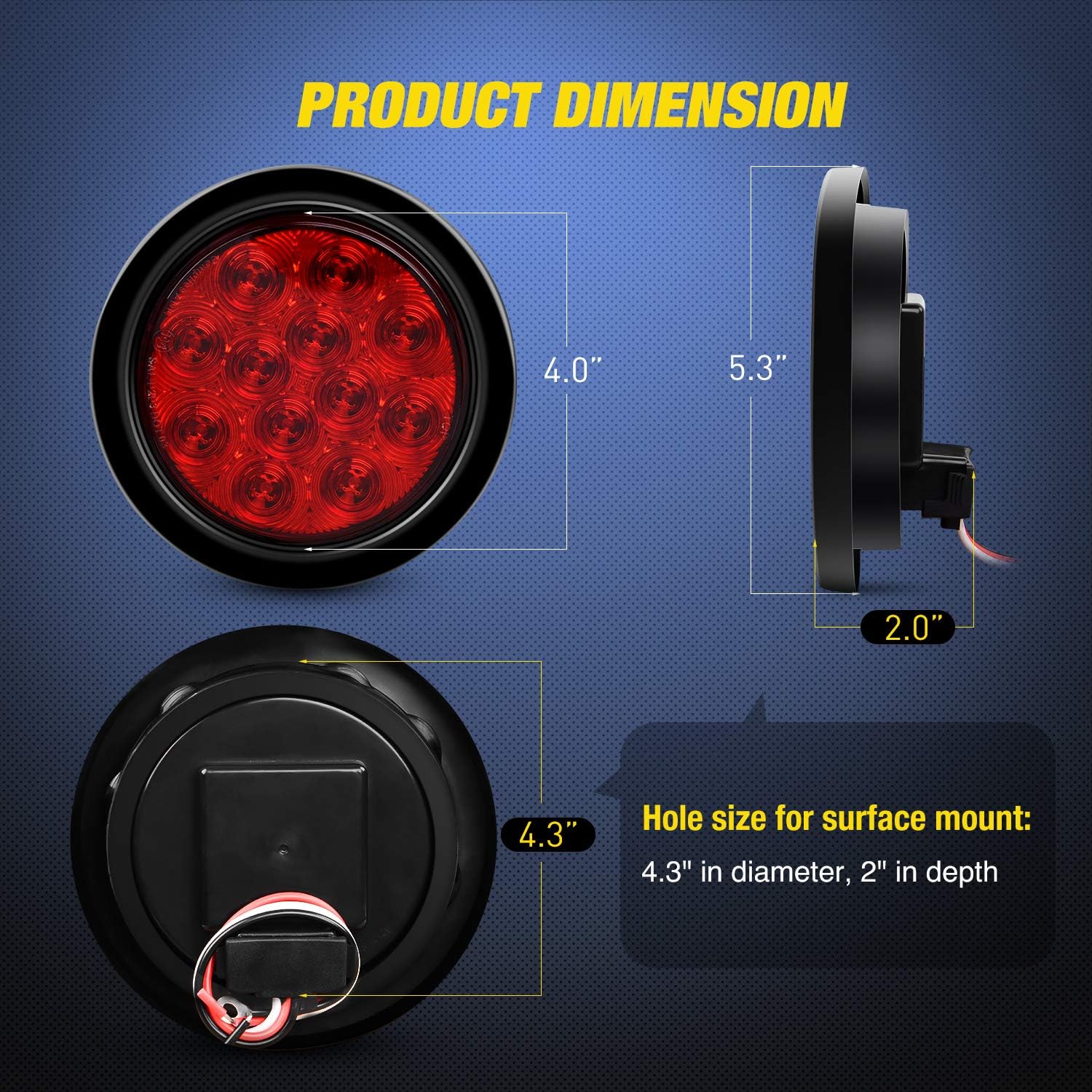 Nilight - TL-18 2PCS 4" Round Red LED Trailer Tail Lights w/Surface Mount Grommet Plugs IP67 Stop Brake Turn Tail Lights for Truck Trailer RV Jeep, 2 Years Warranty