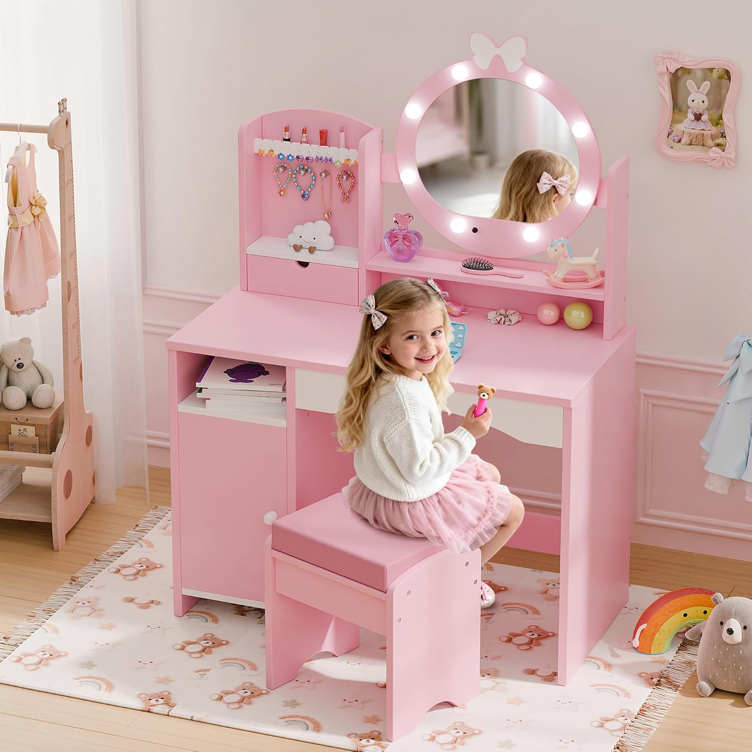 TOLEAD Kids Vanity, Girls Vanity Set with Mirror and Stool and Lights, Toddler Vanity Table and Chair Set with Jewelry Storage, Wooden Princess Makeup Desk Dressing Table for Girls, Pink