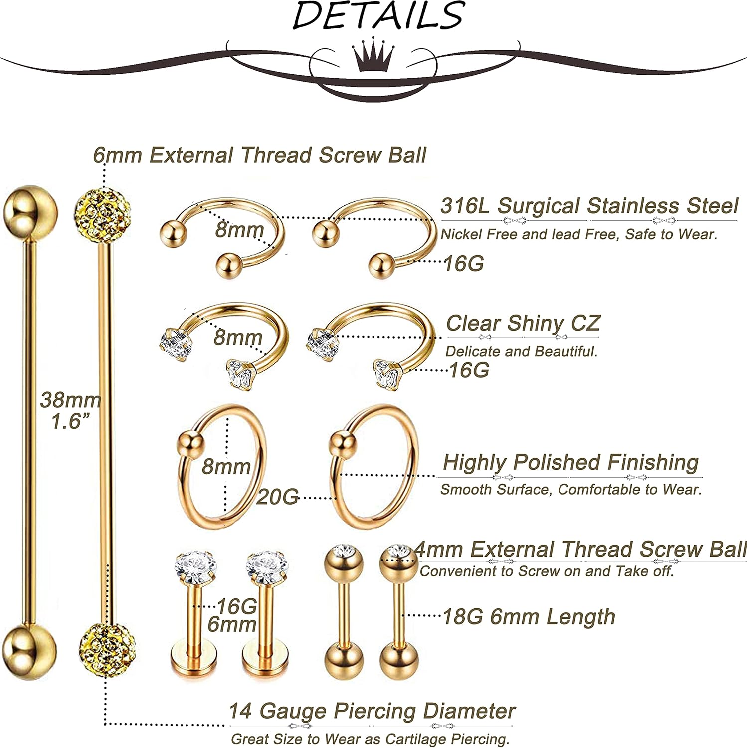 12Pcs Stainless Steel Industrial Barbell Cartilage Piercing Earrings for Women Men Hoop Helix Tragus Labret Piercing - Image 5